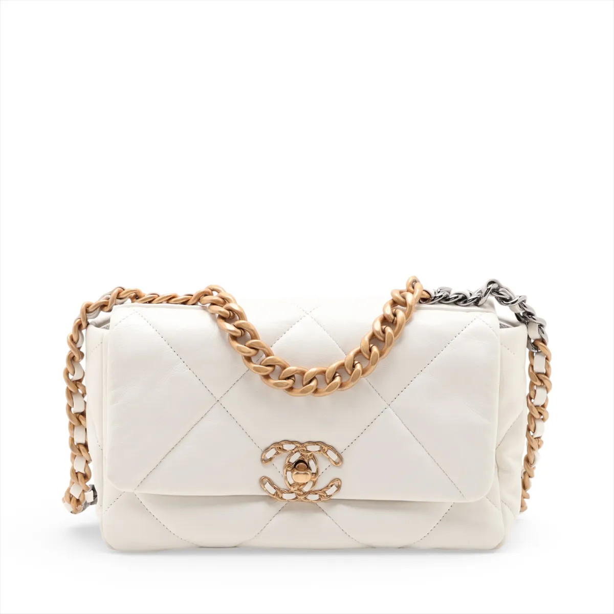 Chanel CHANEL 19 Lambskin Chain Shoulder Bag White Gold x Silver Metal Fittings