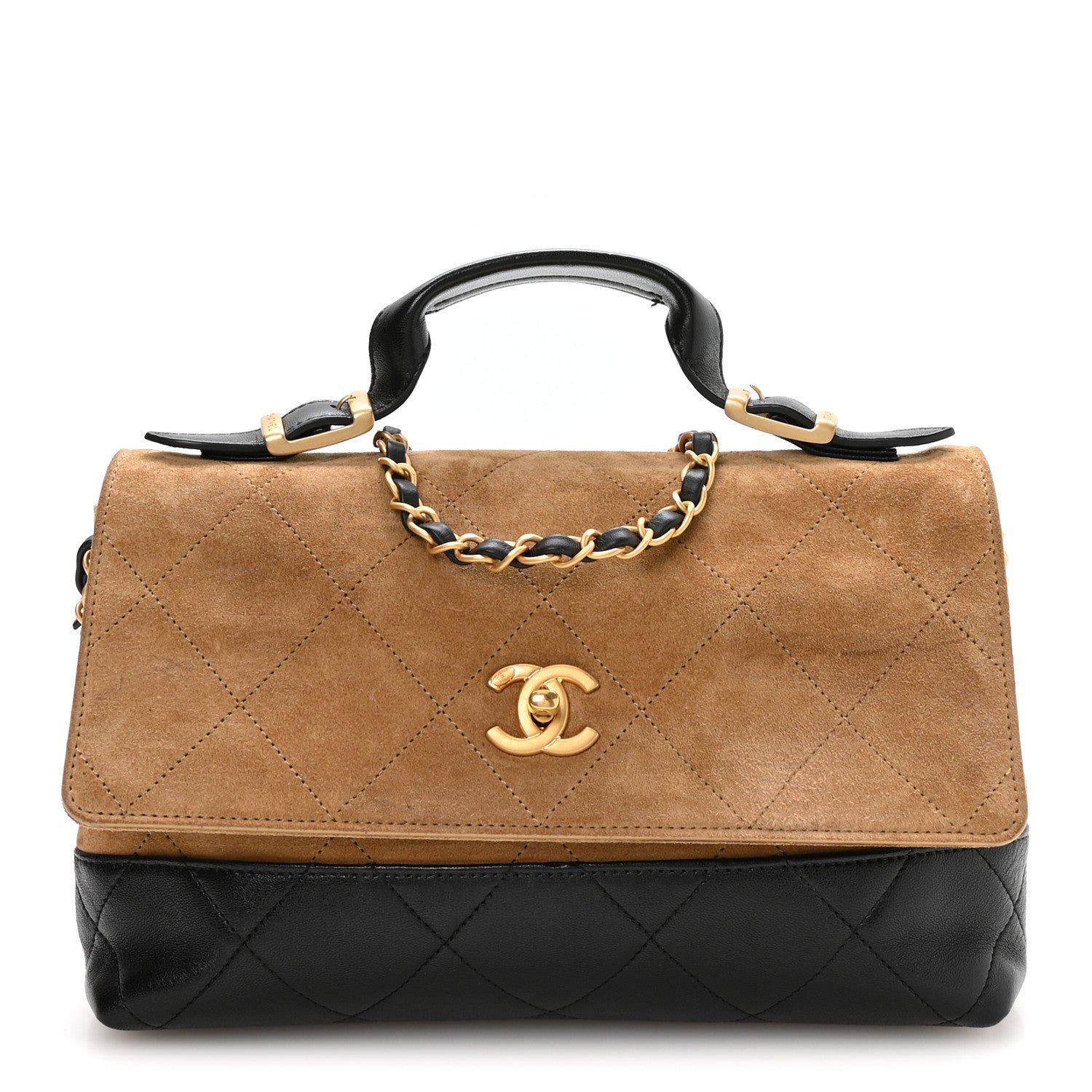 Chanel Suede Calfskin Shiny Lambskin Quilted Coco Base Flap Top Handle Bag  Beige Black