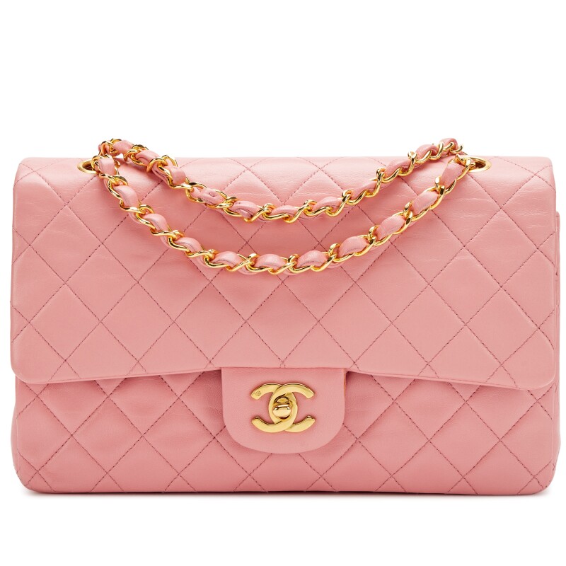 Vintage Sakura Pink Quilted Lambskin Classic Medium Double Flap Bag Gold Hardware, 1989-1991