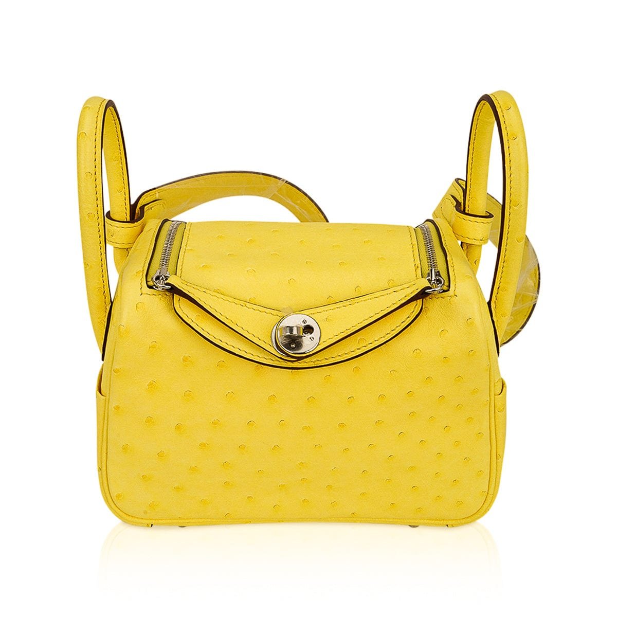 Hermes Hermes Mini Lindy 20 Bag Jaune Citron Ostrich Boreal with Palladium Hardware