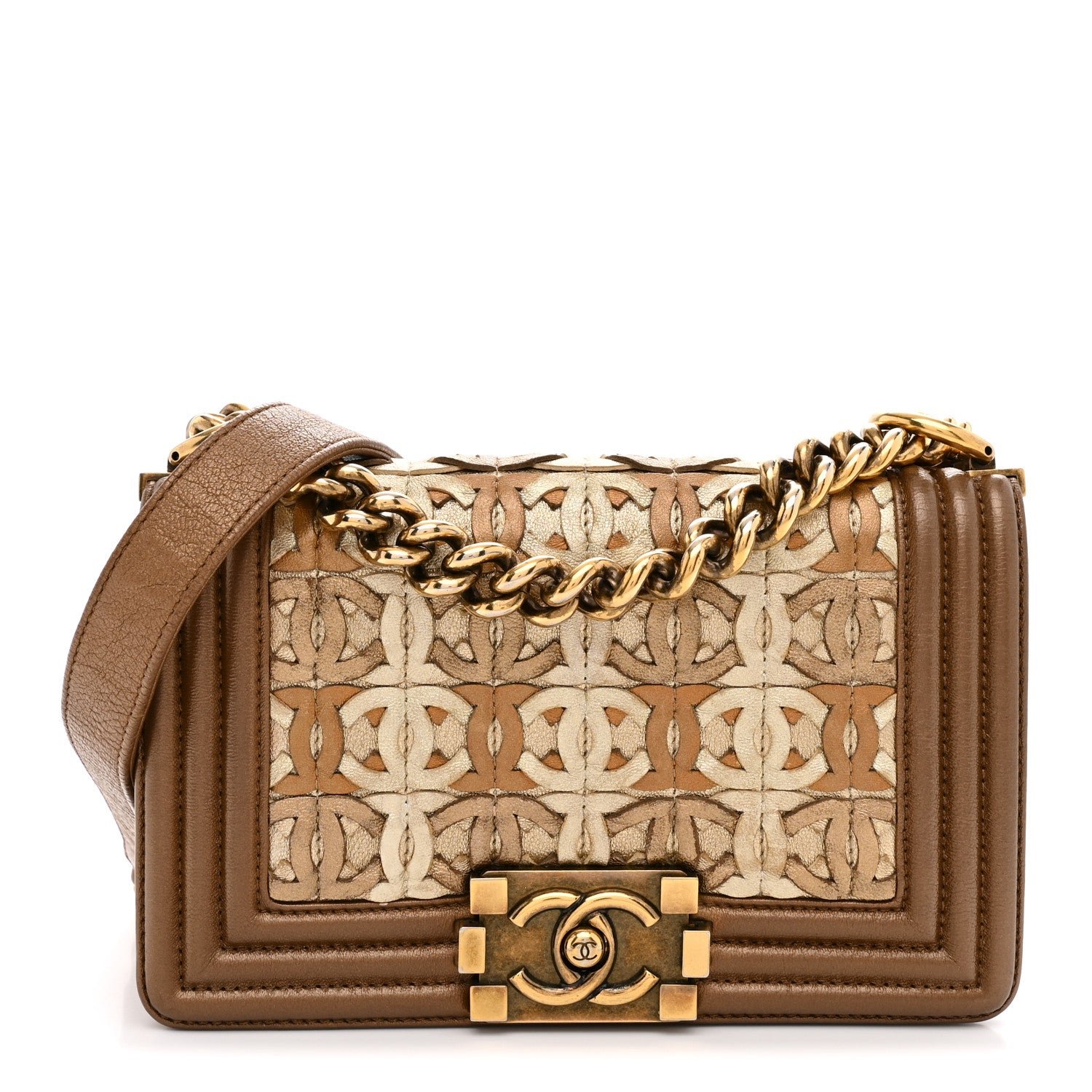 Chanel Metallic Lambskin Small Golden CC Boy Flap  Dark Gold