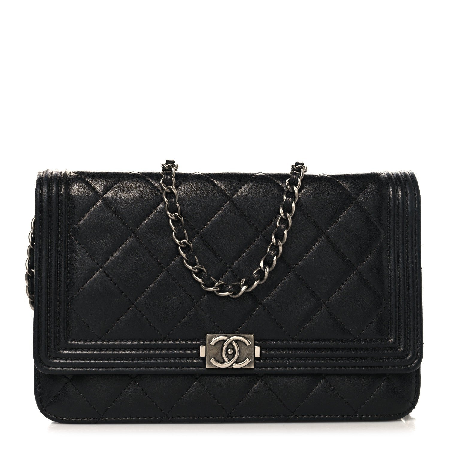 Chanel Lambskin Quilted Boy Wallet On Chain WOC Black