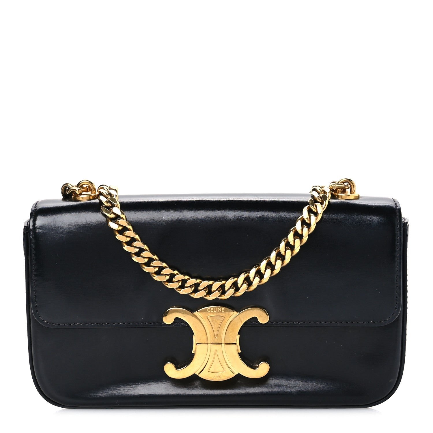 Celine Shiny Calfskin Triomphe Chain Shoulder Bag Black