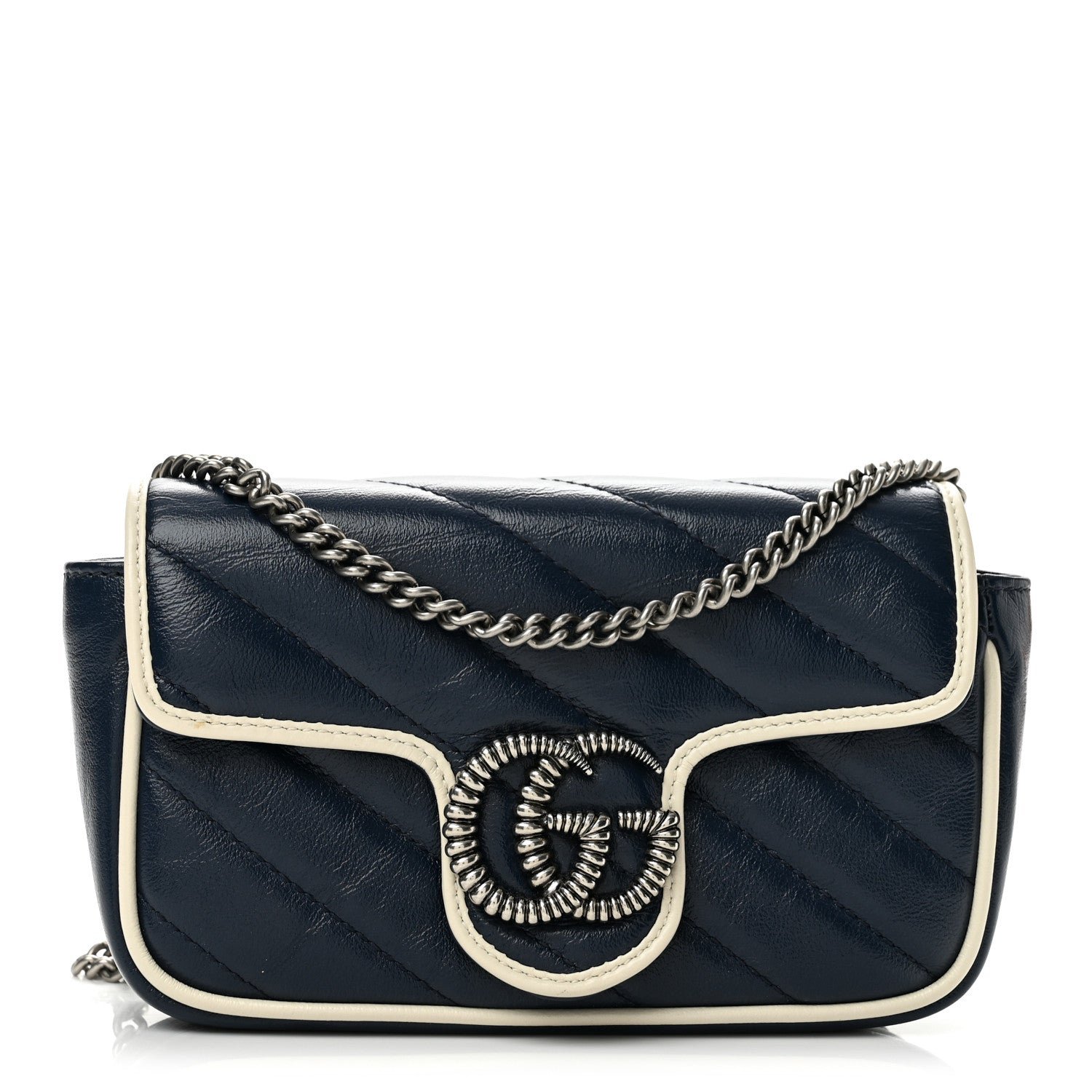 Gucci Vintage Effect Calfskin Matelasse Diagonal Super Mini Torchon GG Marmont Shoulder Bag Blue Agata Mystic White