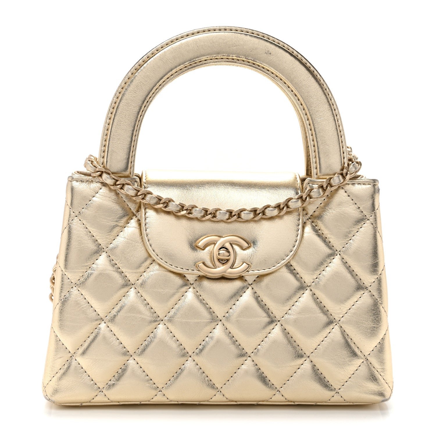Chanel Metallic Shiny Aged Calfskin Quilted Nano Kelly Shopper Gold