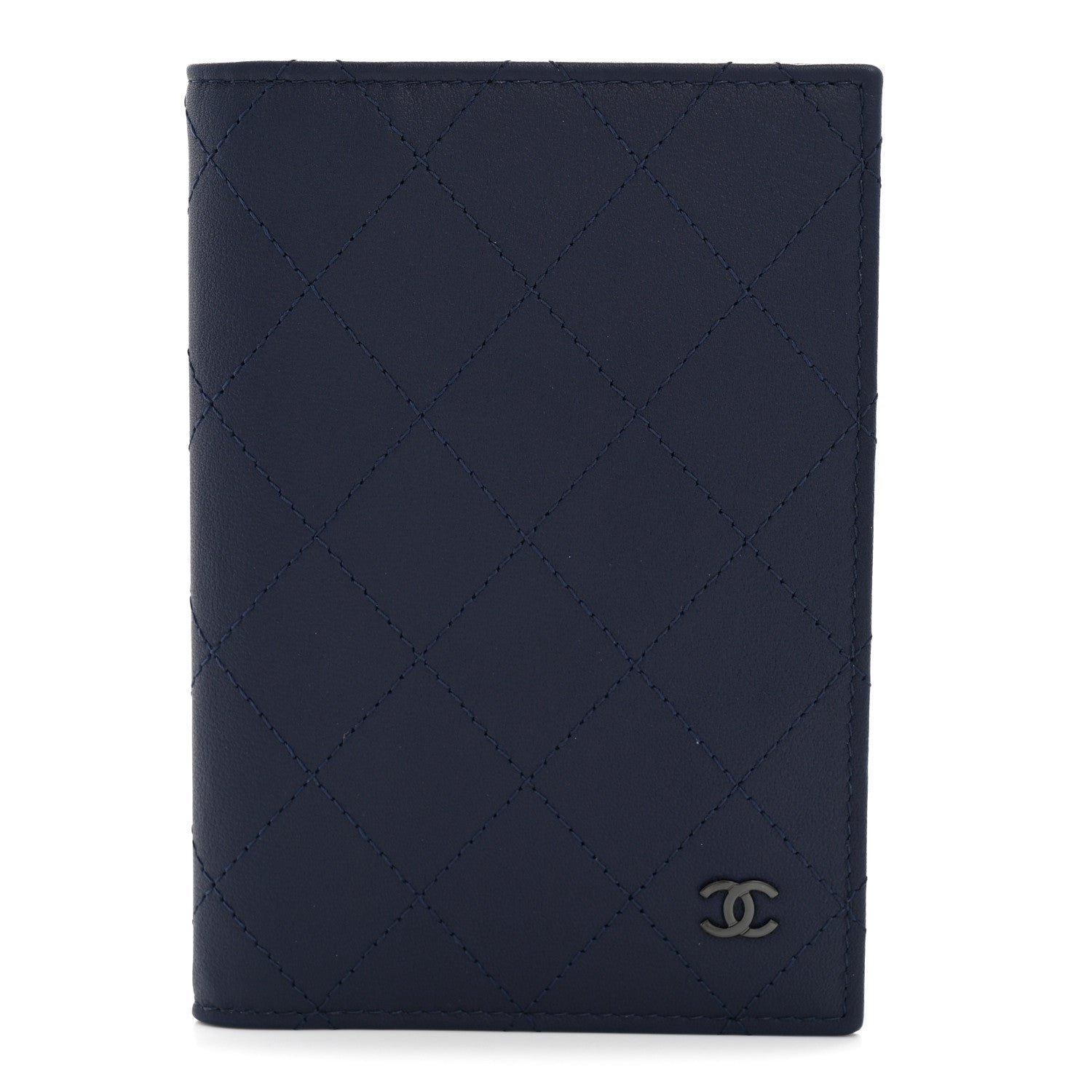 Chanel Grained Calfskin Quilted Passport Holder Wallet Navy