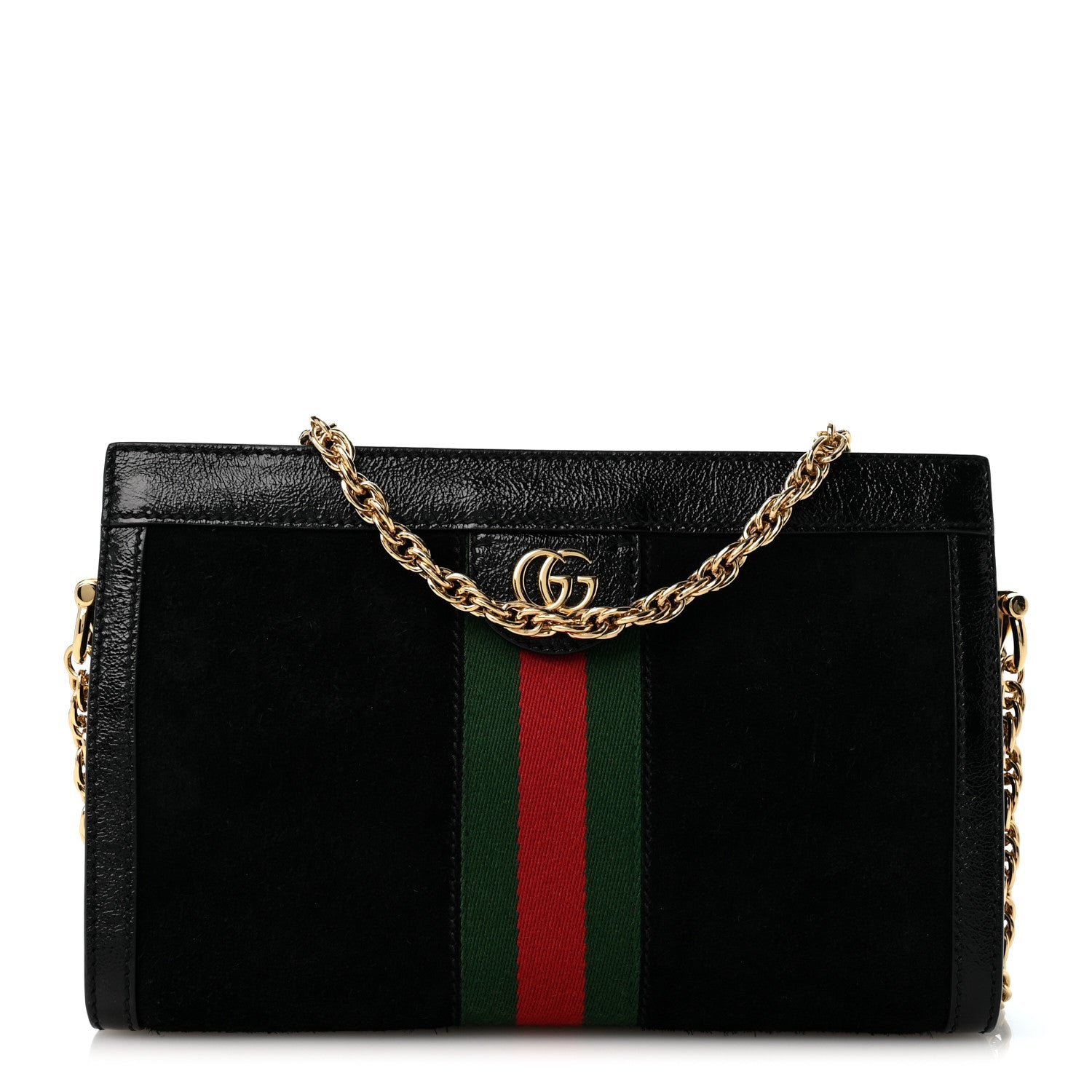 Gucci Suede Patent GG Web Small Ophidia Chain Shoulder Bag Black
