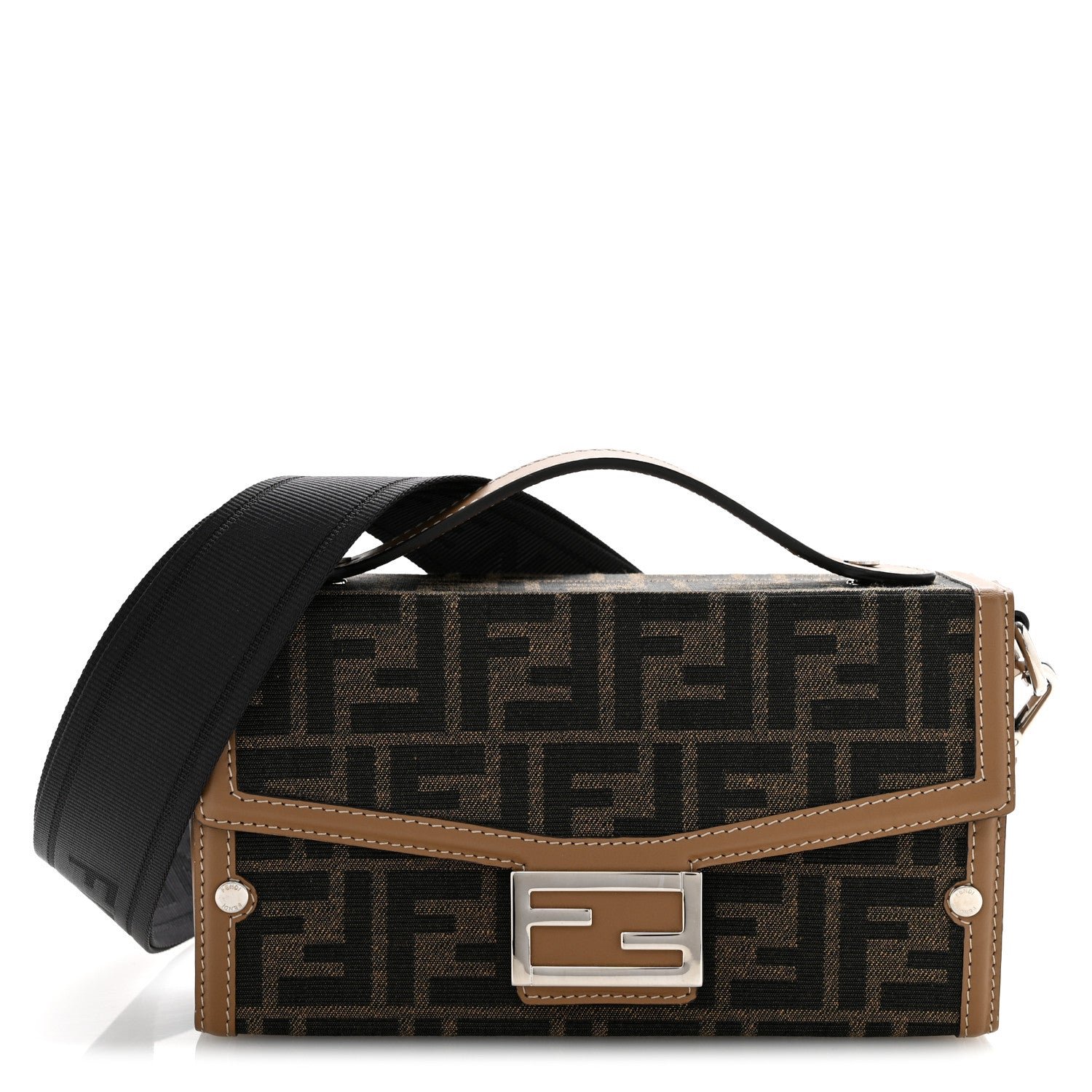 Fendi Recycled Fabric Jacquard Vitello King FF 1974 Baguette Soft Trunk Tobacco Moro Sand