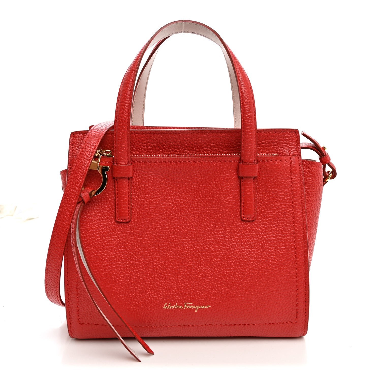 Salvatore Ferragamo Hammered Calfskin Double Handle Small Amy Tote Flame Red Jasmine Flower
