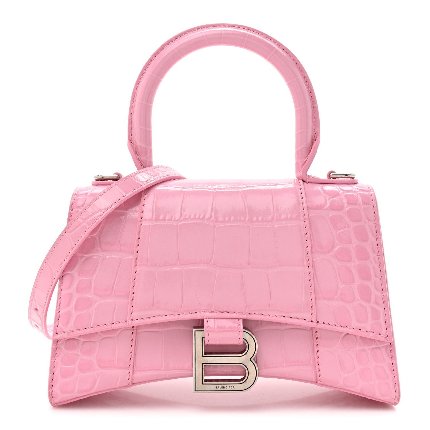 Balenciaga Shiny Calfskin Crocodile Embossed Hourglass Top Handle Bag XS Sweet Pink