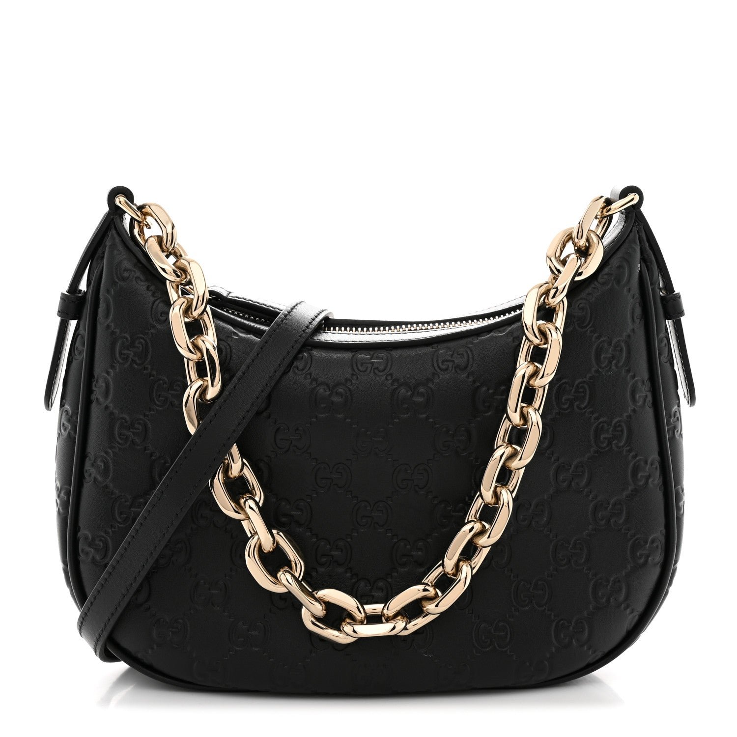 Gucci GG Grainy Calfskin Emblem Small Half Moon Shoulder Black