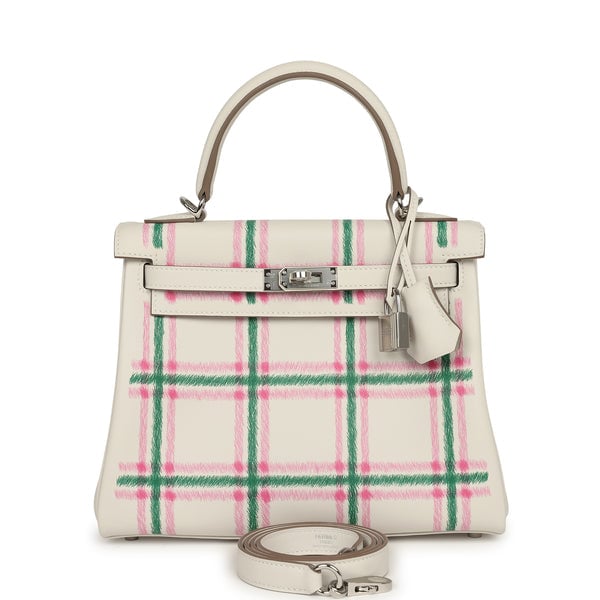 Hermes Kelly Retourne 25 "Tartan Light" Gris Pale, Vert Moyen, Bubblegum Swift Palladium Hardware