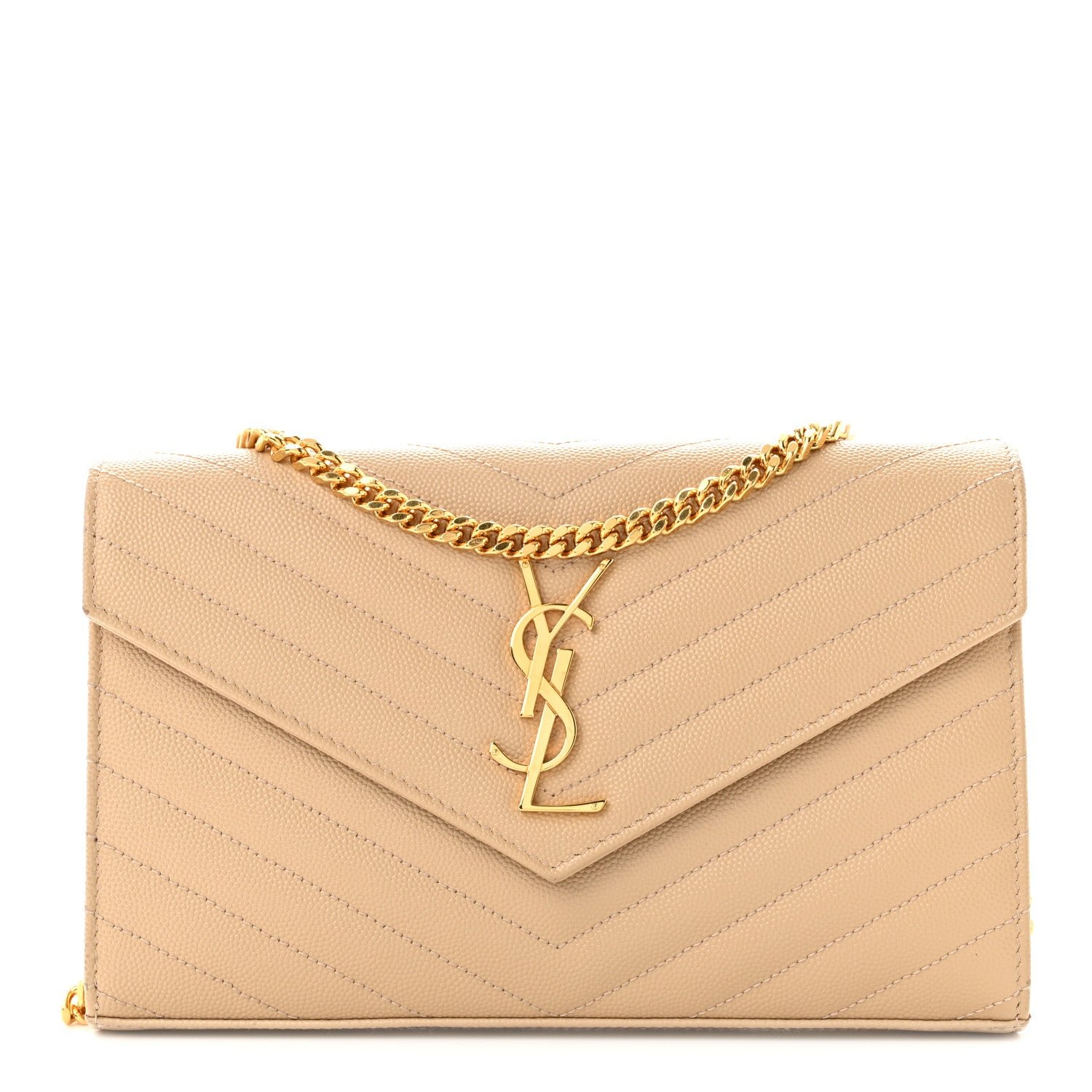 Saint Laurent Grain De Poudre Matelasse Chevron Monogram Chain Wallet Nude Powder