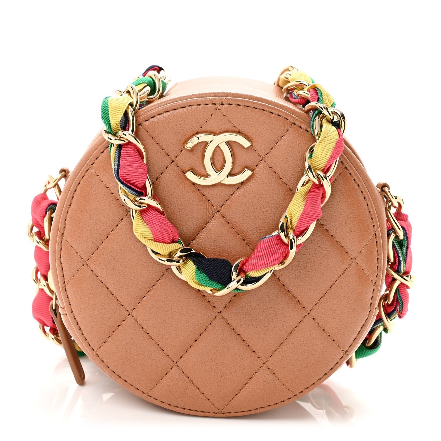 Chanel Shiny Lambskin Ribbon Quilted Round Clutch With Chain Brown