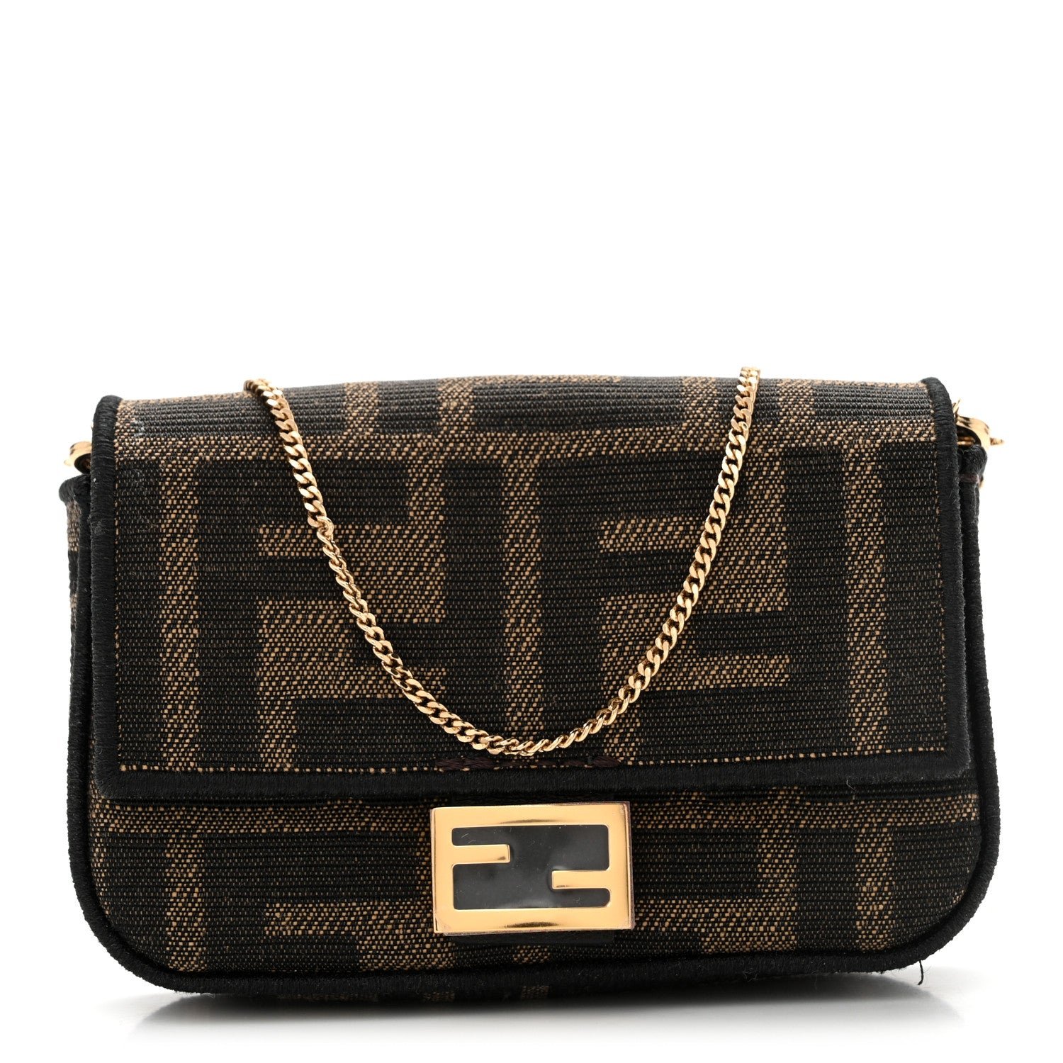 Fendi Fabric Jacquard FF 1974 Nano Baguette Charm Tobacco Moro Black