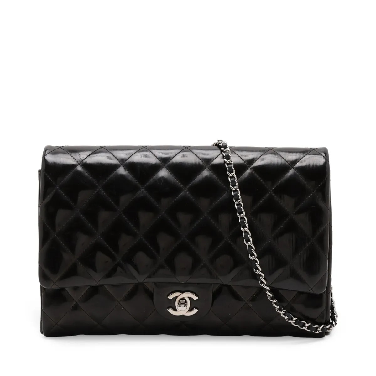 Chanel Matelasse Patent Leather Chain Shoulder Bag Black Silver Metal Fittings 1