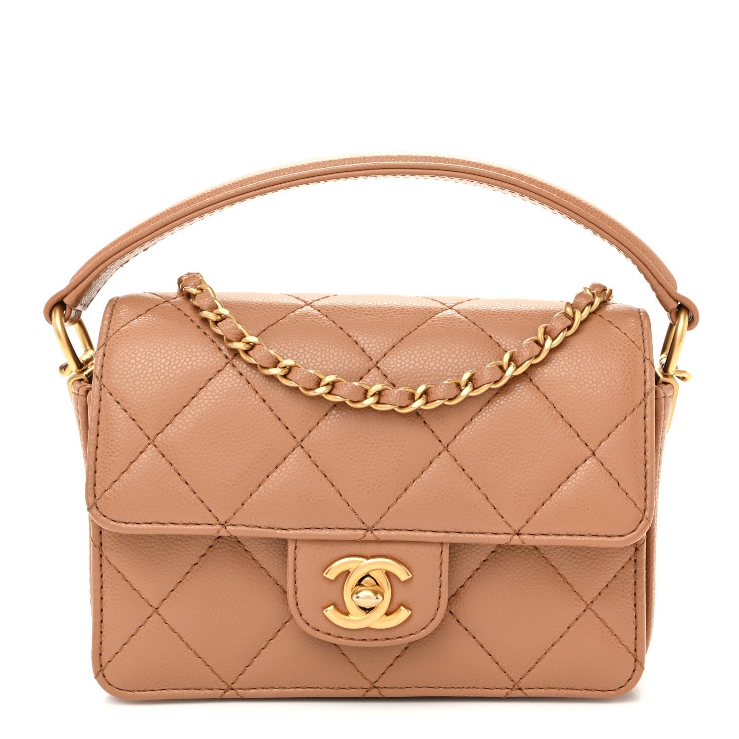 Chanel Shiny Caviar Quilted Mini Top Handle Flap Bag Camel