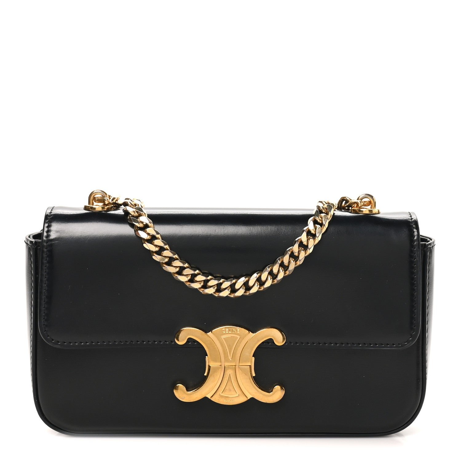 Celine Shiny Calfskin Triomphe Chain Shoulder Bag Black