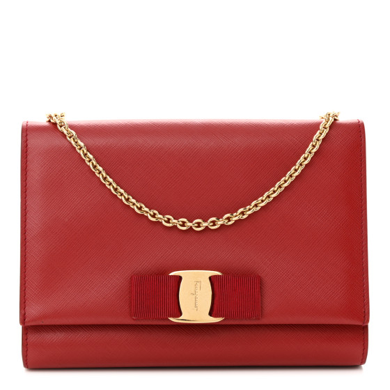 Salvatore Ferragamo Hammered Calfskin Mini Miss Vara Bow Chain Bag Rosso