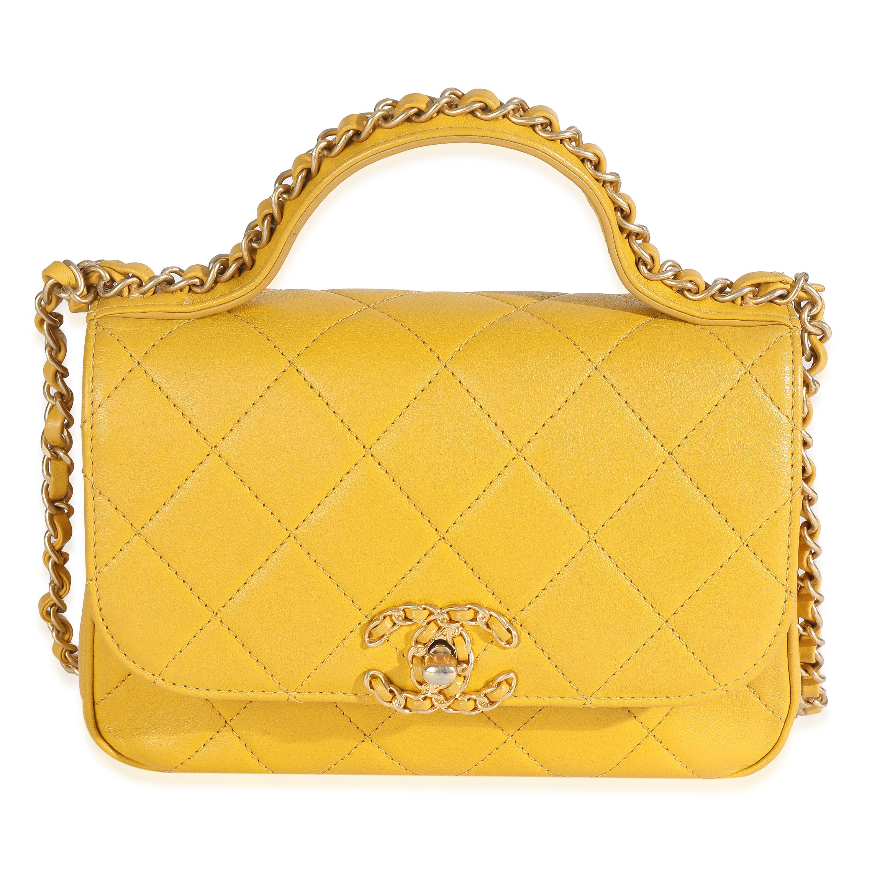 Chanel Yellow Quilted Lambskin Small Chain Infinity Top Handle Flap