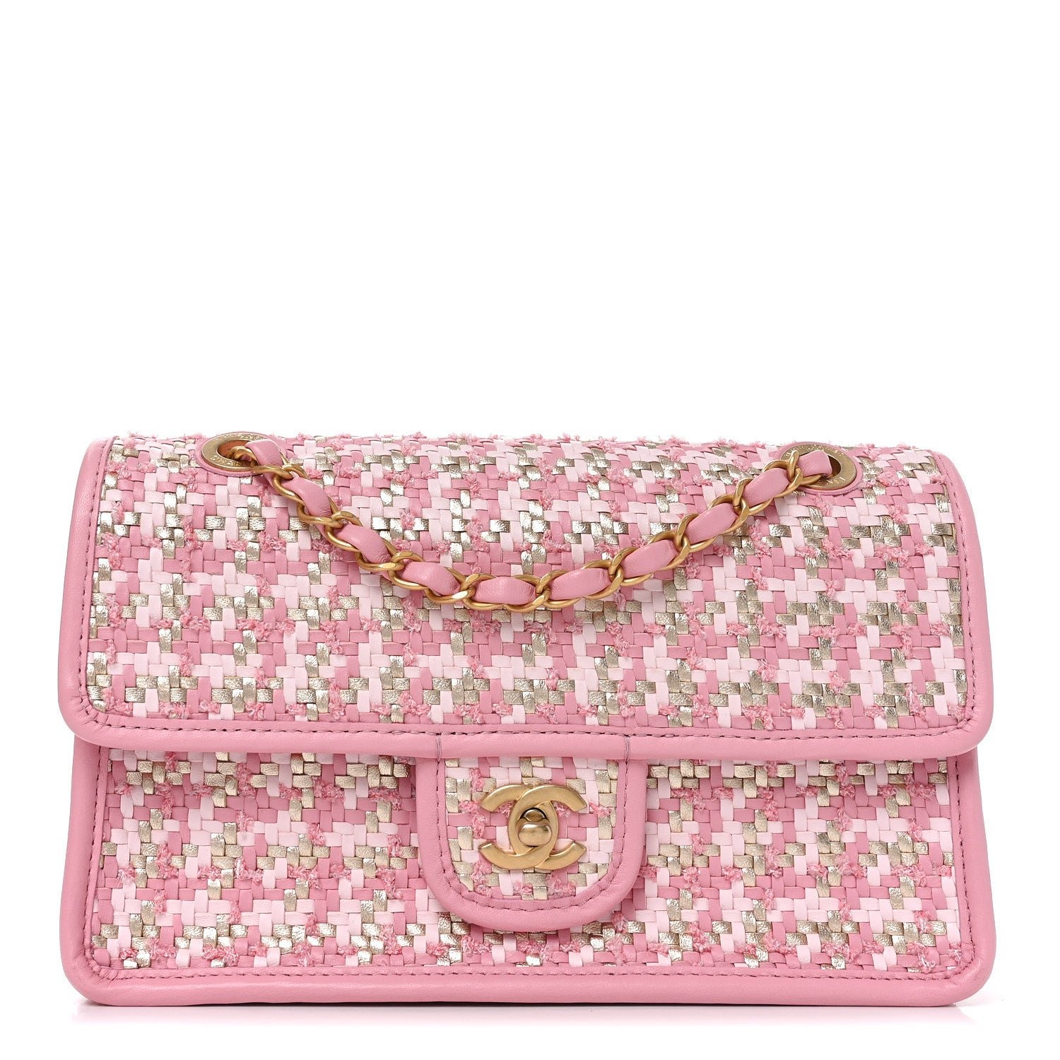 Chanel Metallic Lambskin Viscose Woven Flap Pink Gold