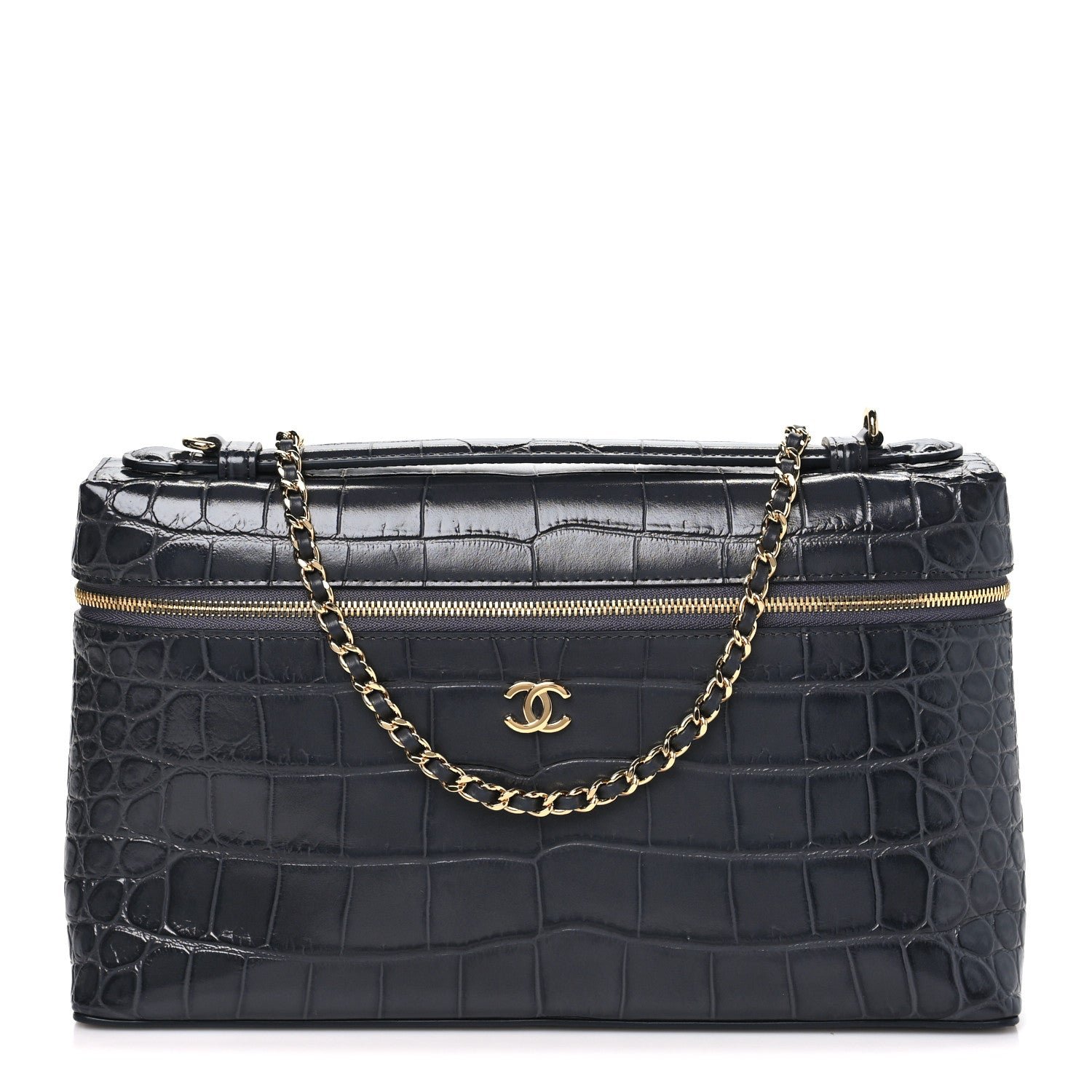 Chanel Calfskin Crocodile Embossed Exoticoco Large Supple Trapeze Vanity With Chain  Grey