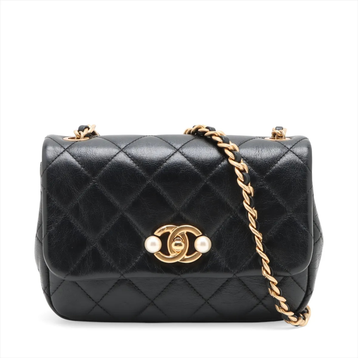 Chanel Matelasse Leather Single Flap Single Chain Bag Pearl Black Gold Metal Fit