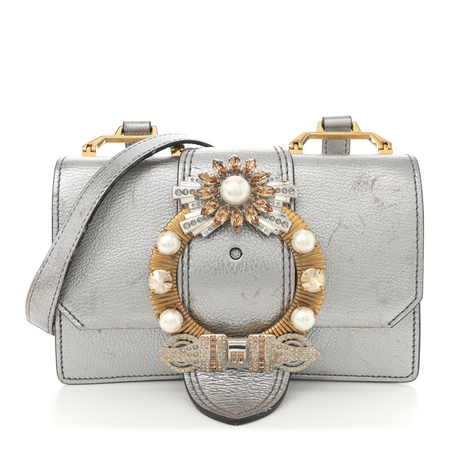 Miu Miu Metallic Goatskin Madras Crystal Embellished Shoulder Bag Cromo