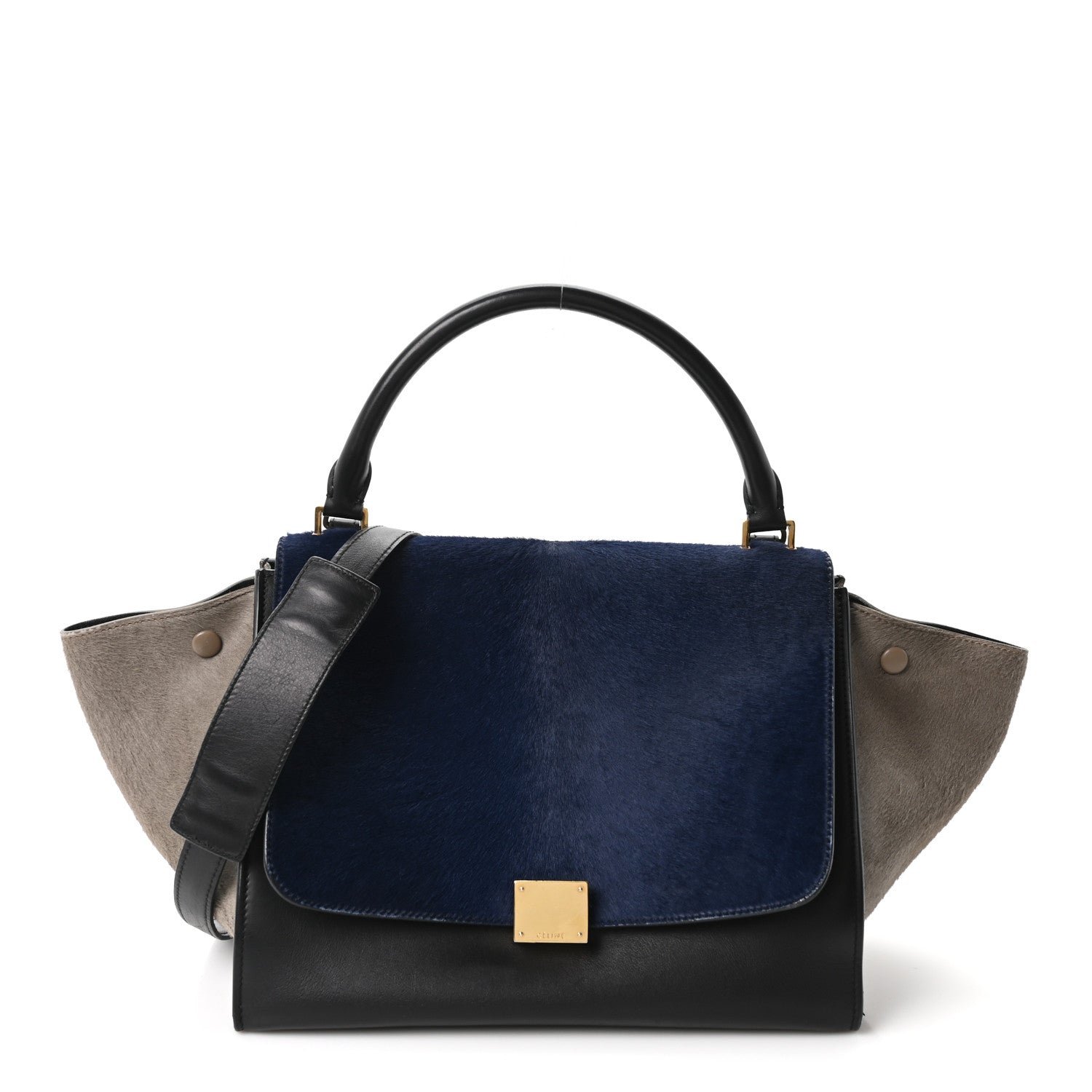 Celine Pony Hair Smooth Calfskin Tri-Color Medium Trapeze Blue Taupe Black