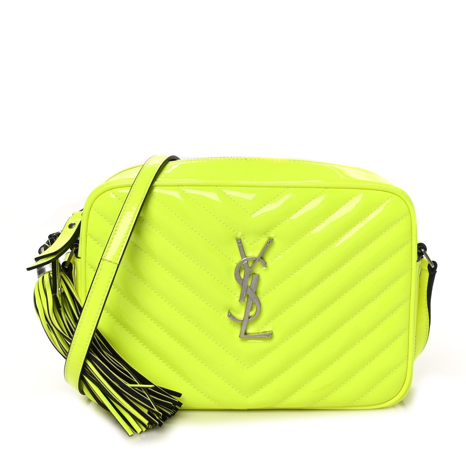 Saint Laurent Patent Calfskin Matelasse Monogram Lou Camera Bag Neon Yellow