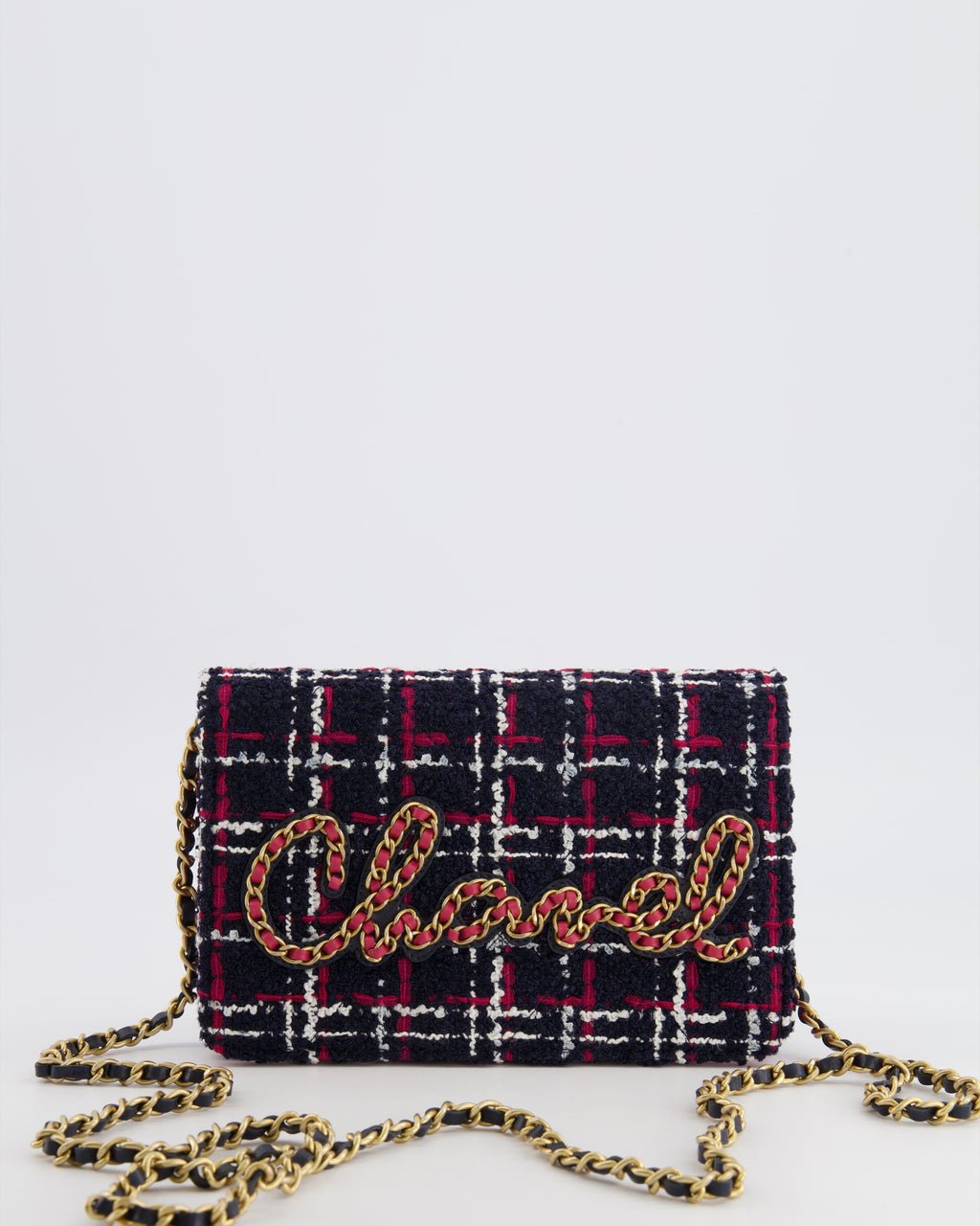 Chanel Navy Blue and Pink Tweed "Written in Chain" Wallet on Chain Bag with Gold Hardware