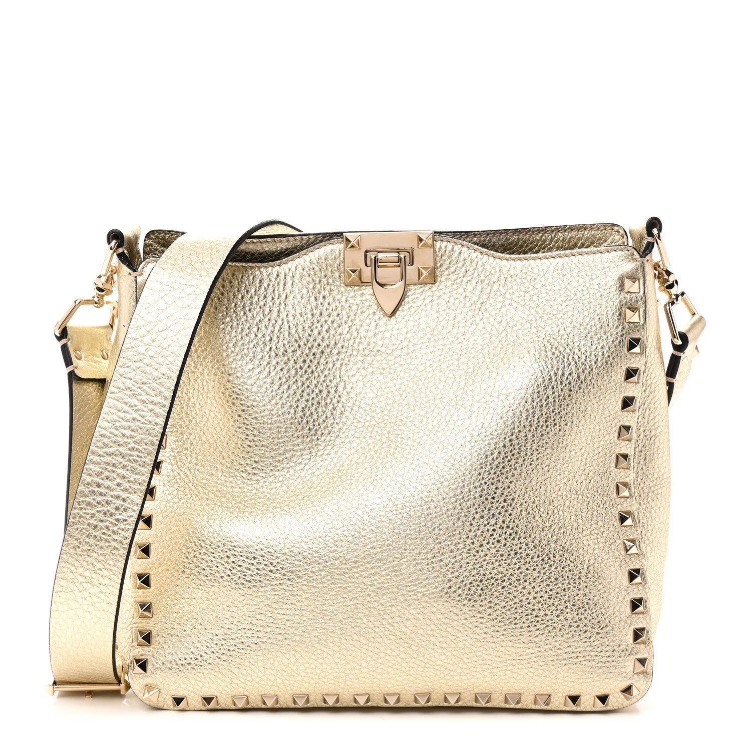 Valentino Garavani Metallic Pebbled Calfskin Small Rockstud Flip-Lock Messenger Bag Platino