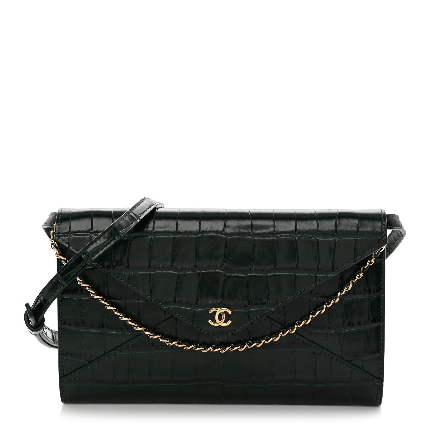 Chanel Calfskin Crocodile Embossed Envelope Clutch With Chain Emerald