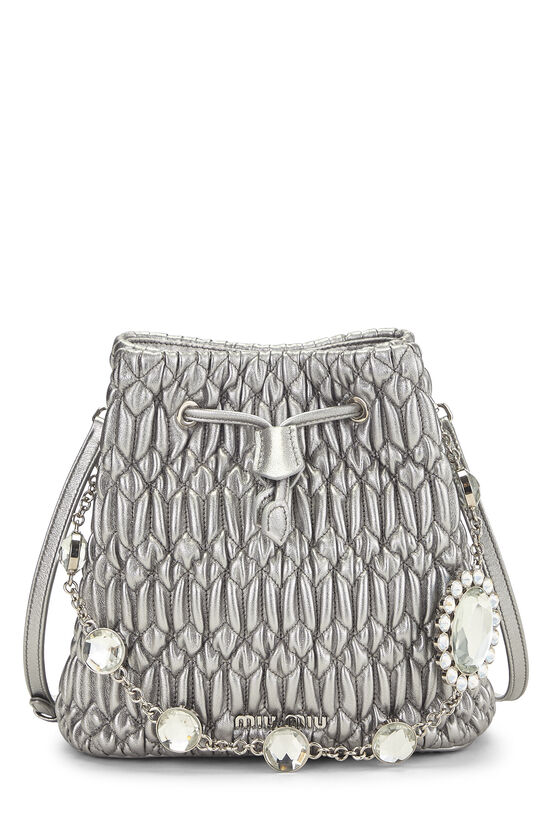 Miu Miu Silver Nappa Crystal Drawstring Bucket Bag