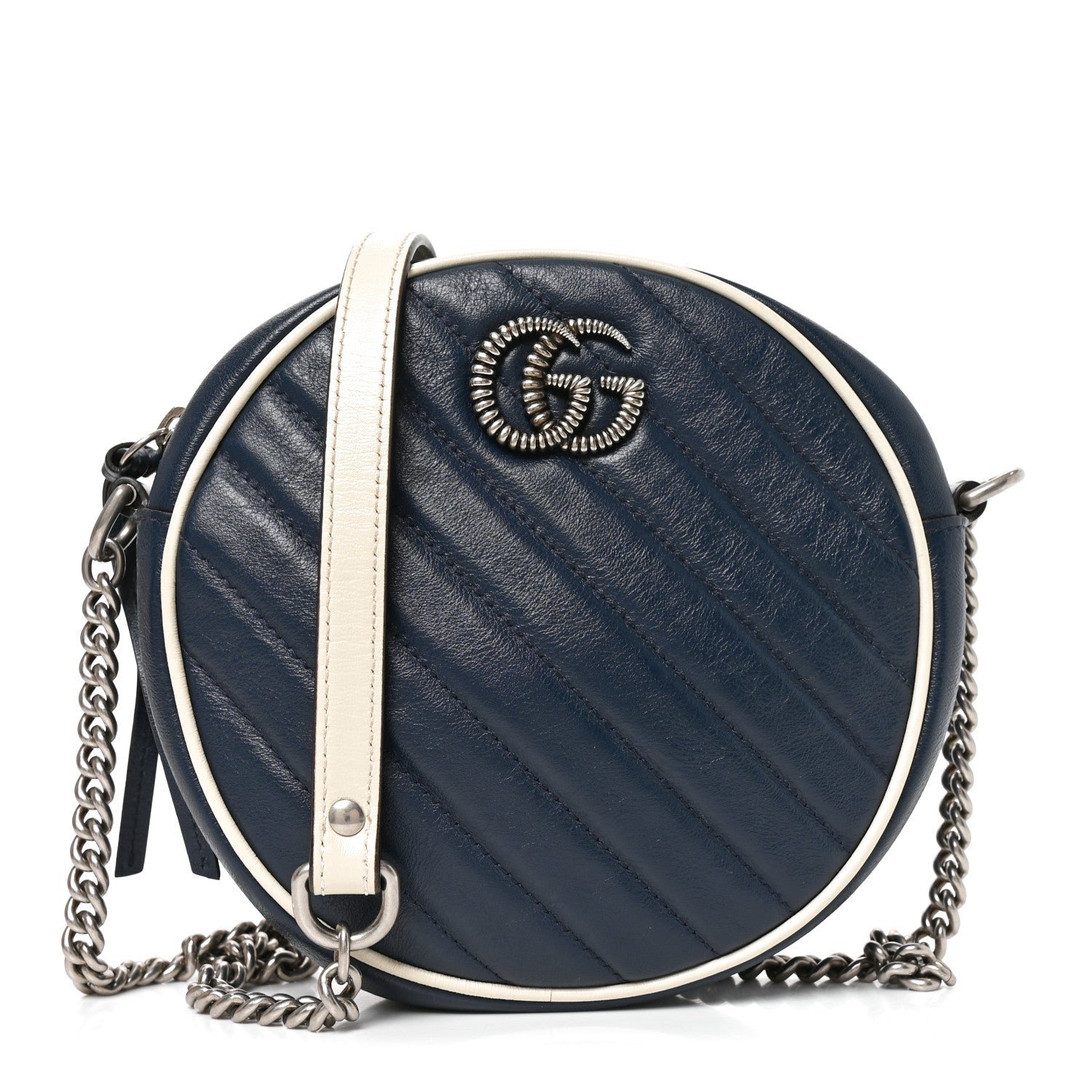 Gucci Azalea Calfskin Matelasse Diagonal Mini Torchon GG Marmont Round Shoulder Bag Blue Agata Mystic White