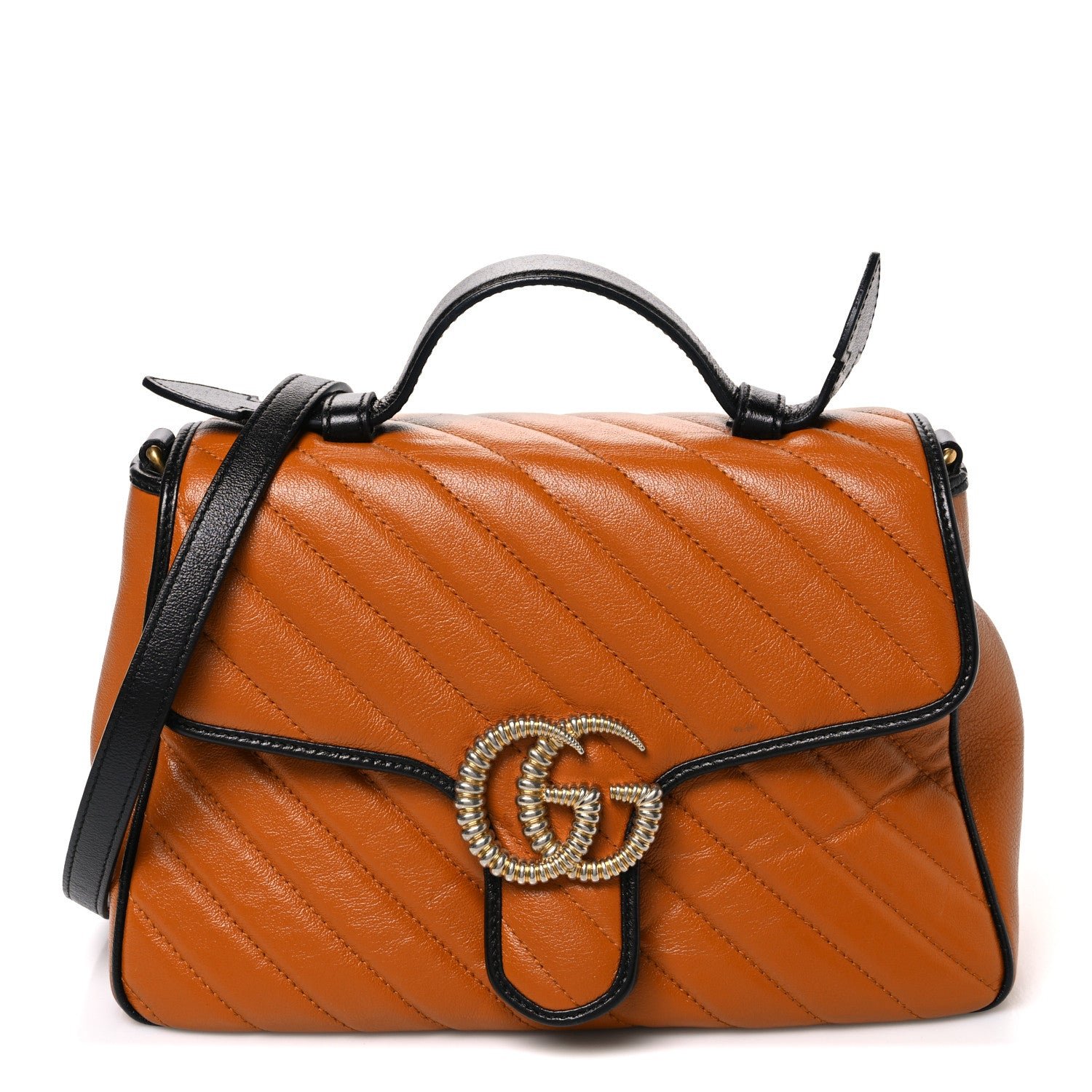 Gucci Azalea Calfskin Matelasse Diagonal Small Torchon GG Marmont Top Handle Shoulder Bag Cognac Black