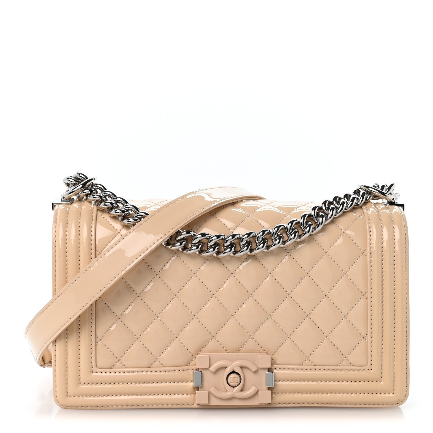 Chanel Patent Calfskin Quilted Medium Plexiglass Boy Flap Beige