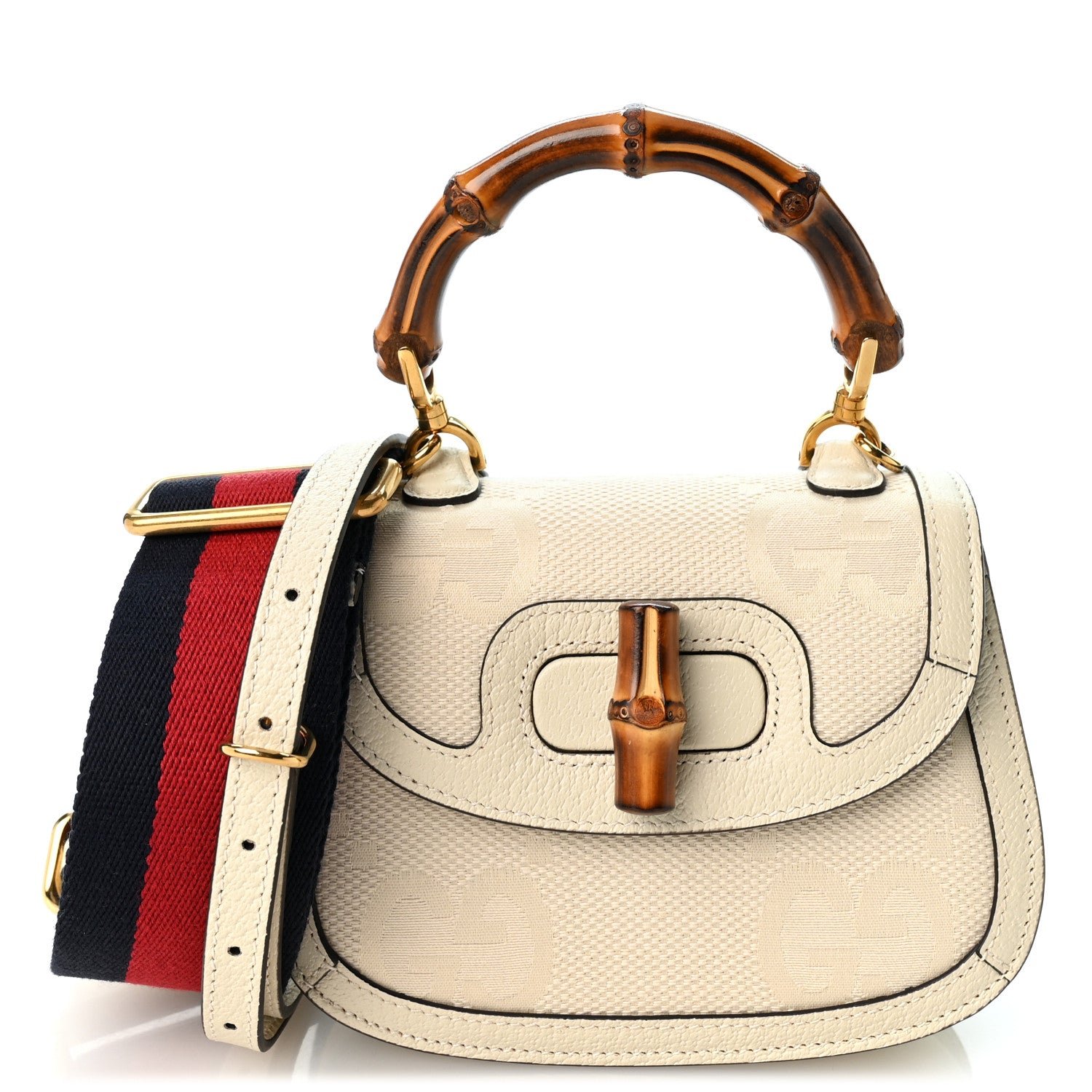 Gucci Monogram Jumbo GG Textured Dollar Calfskin Web Mini Bamboo 1947 Top Handle Bag Off White