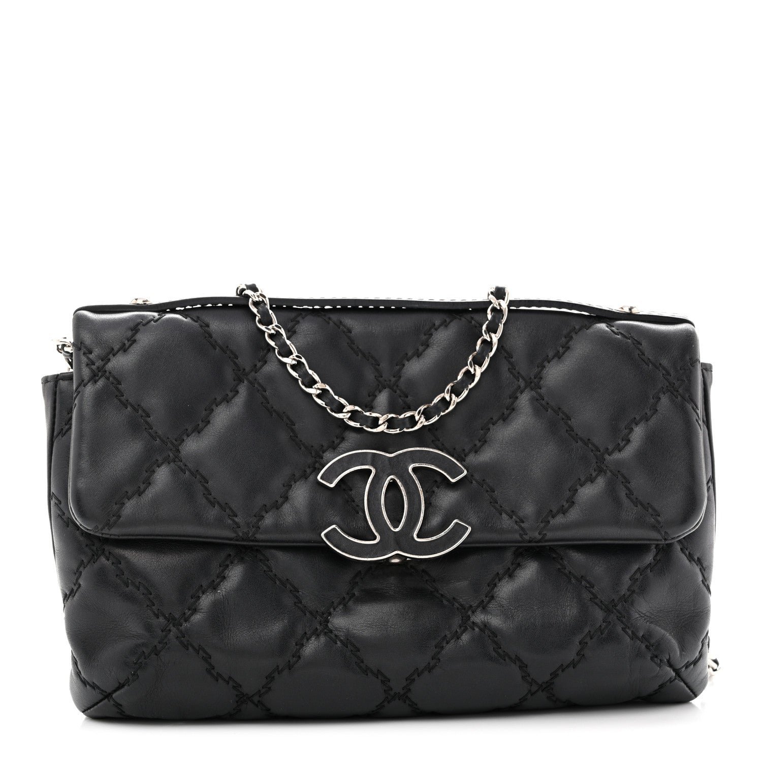 Chanel Calfskin Quilted Double Stitch Hamptons Clutch with Chain Black