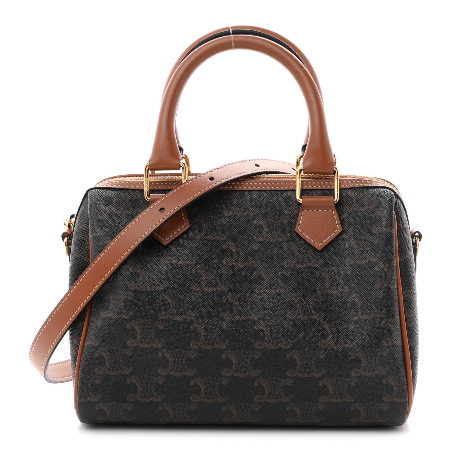 Celine Triomphe Canvas Calfskin Small Boston Bag Tan