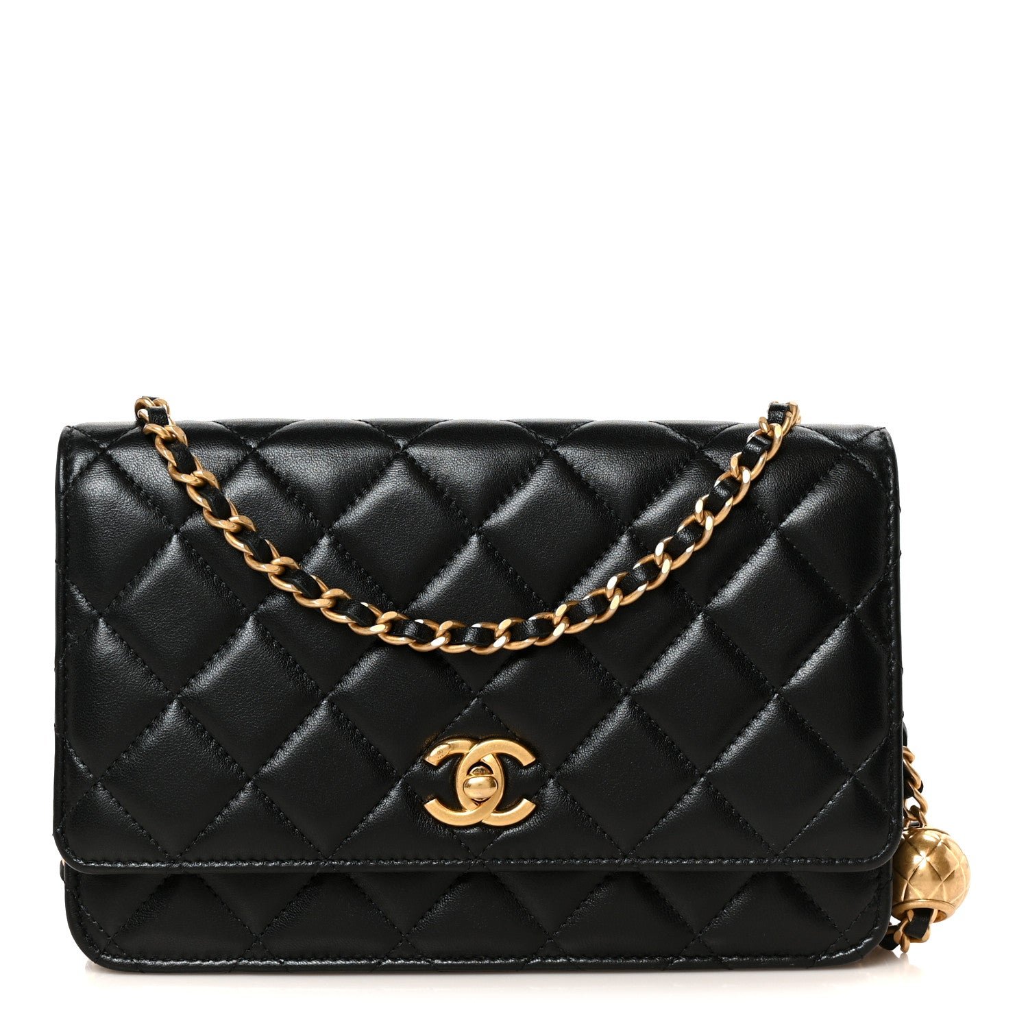 Chanel Lambskin Quilted CC Pearl Crush Wallet on Chain WOC Black