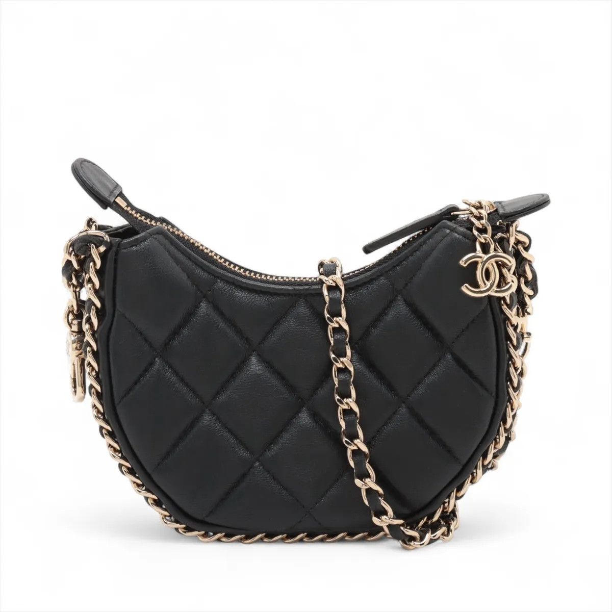 Chanel Matelasse Lambskin Chain Shoulder Bag Hobo Black Gold Metal Fittings rand