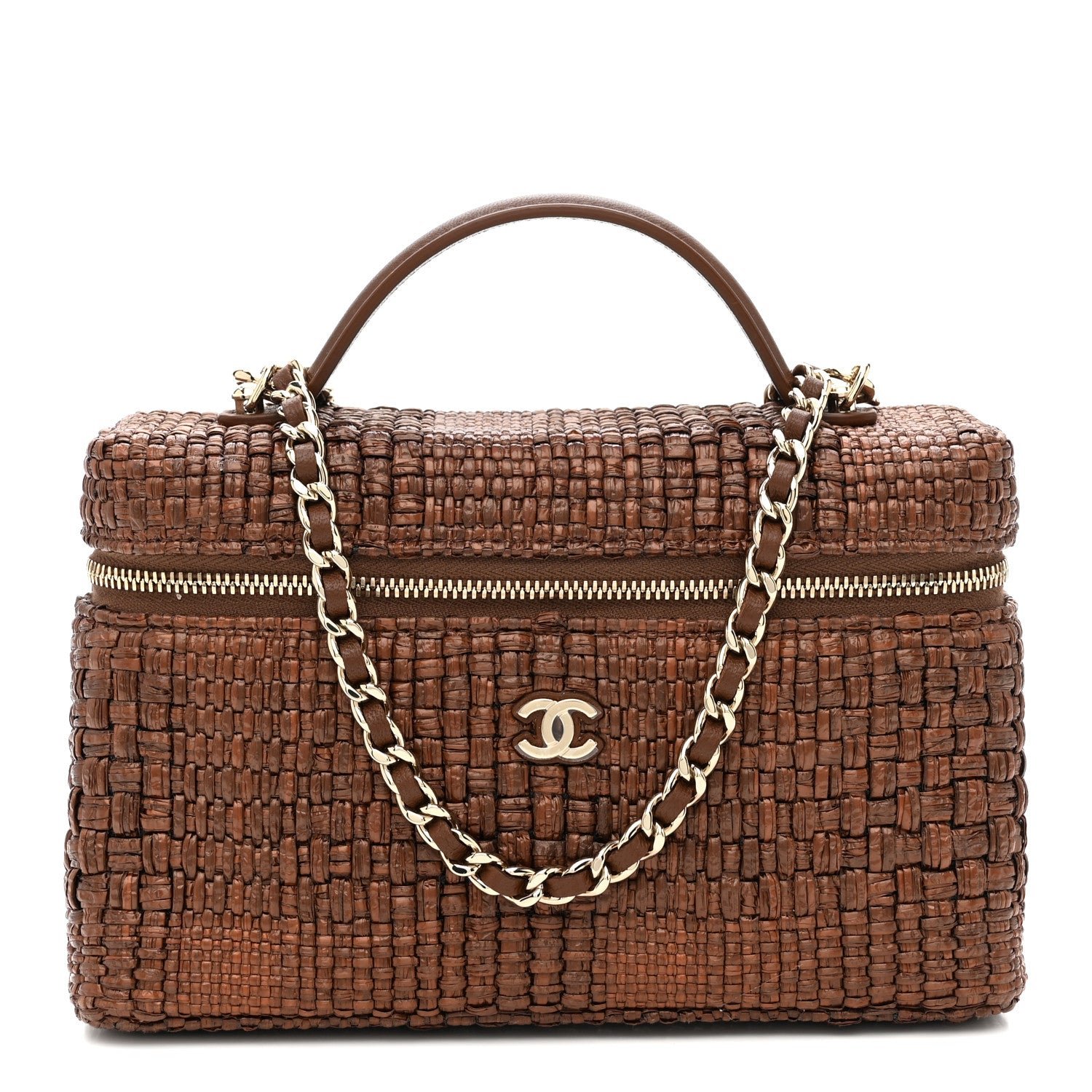 Chanel Braided Raffia Top Handle Slim Vanity With Chain Brown
