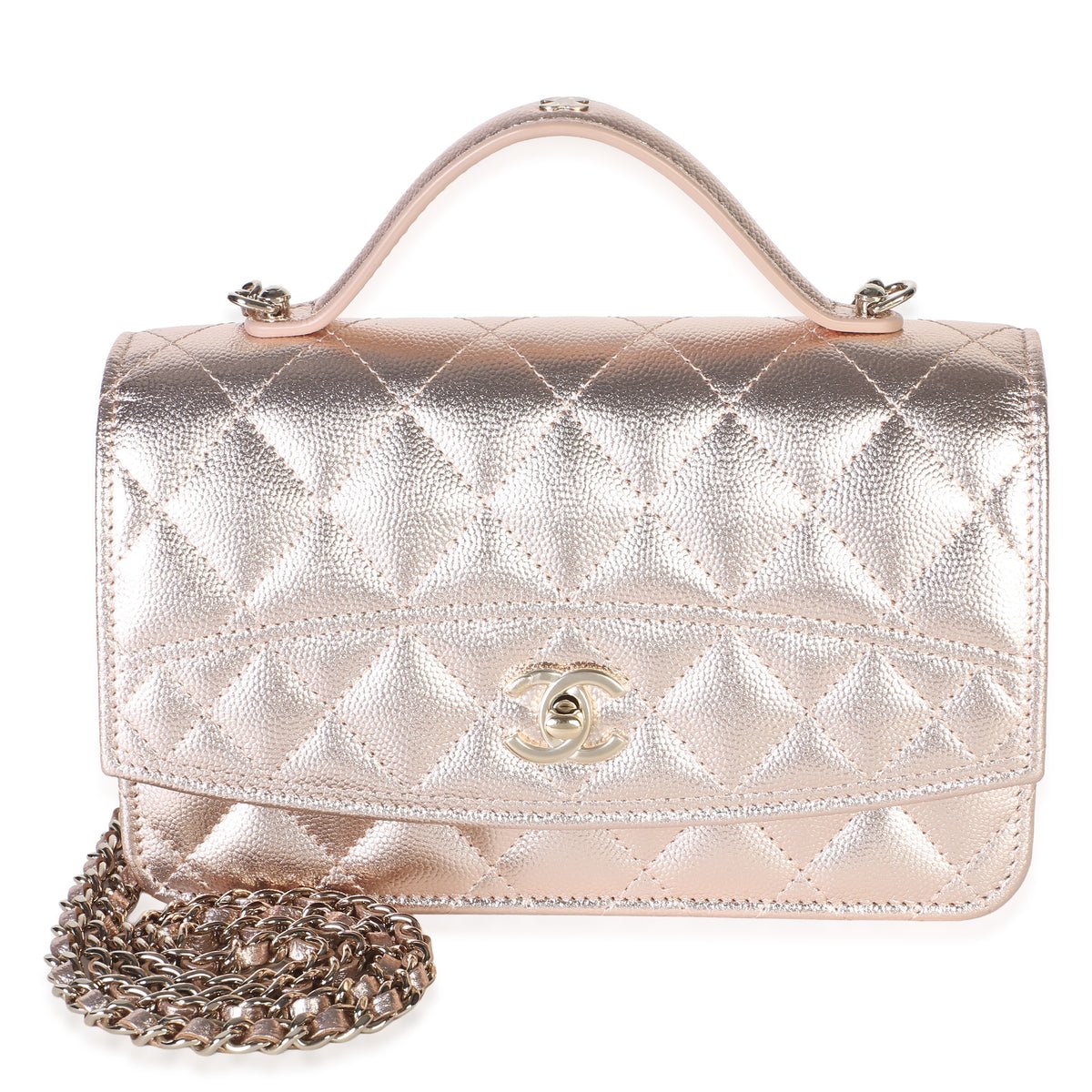 Chanel Metallic Copper Shiny Caviar Top Handle Wallet On Chain