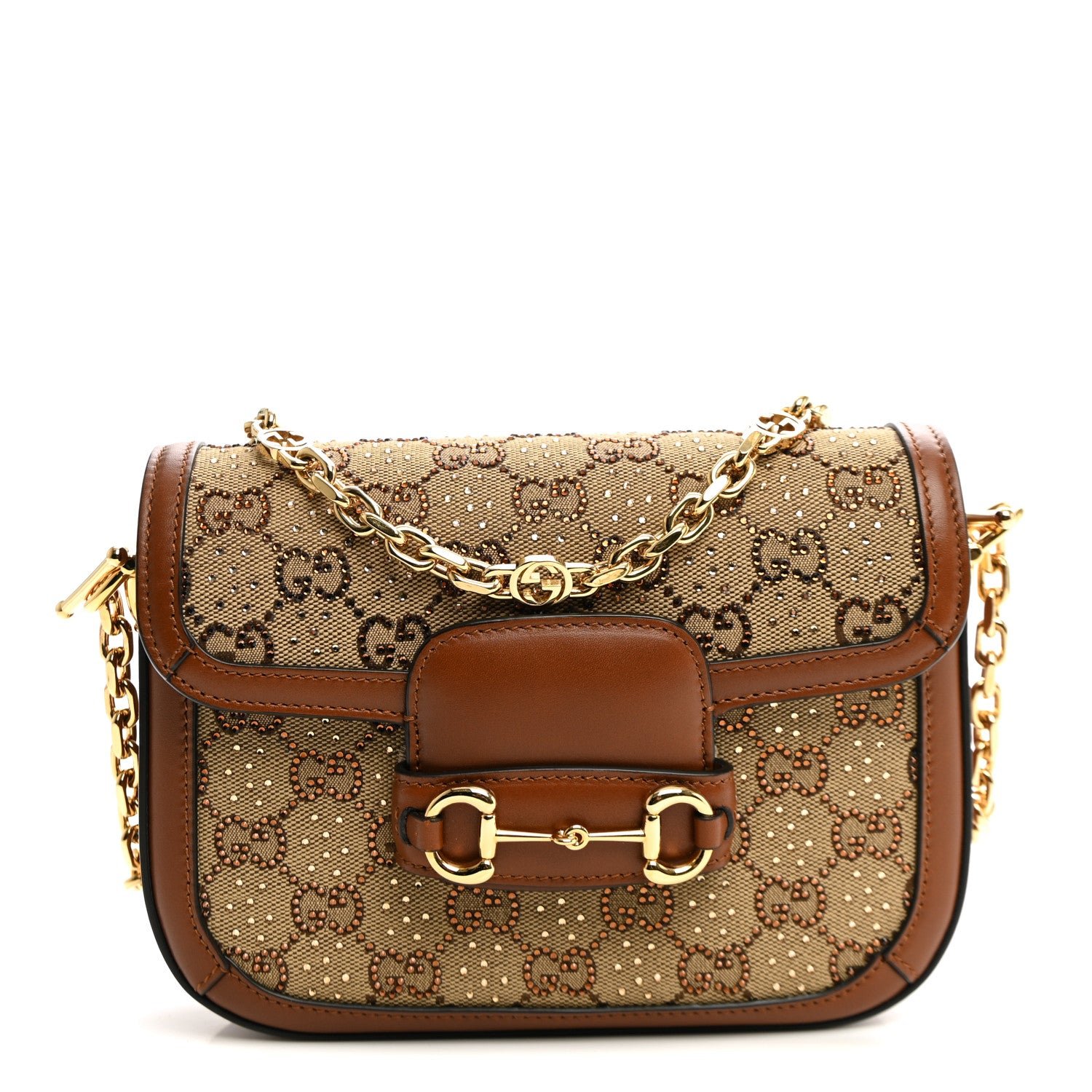 Gucci New Canvas Charisma Calfskin Crystal GG Monogram Mini Horsebit 1955 Shoulder Bag Camel Ebony