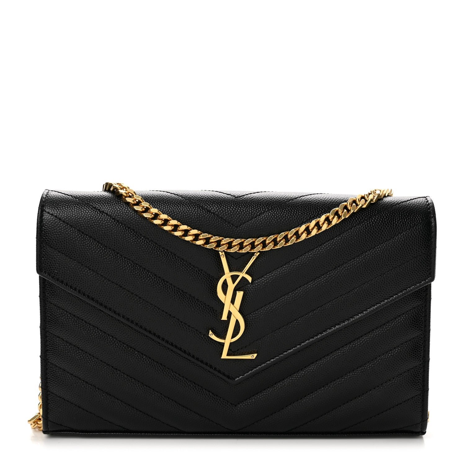 Saint Laurent Grain De Poudre Matelasse Chevron Monogram Envelope Chain Wallet Black