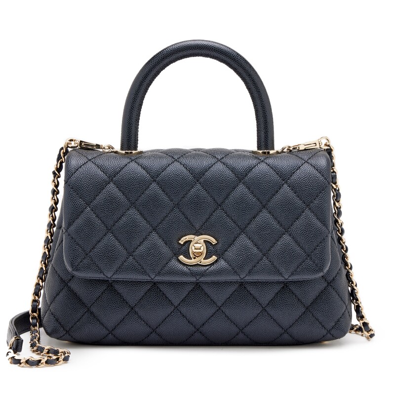 Dark Blue Quilted Iridescent Pearly Caviar Mini Coco Top Handle Flap Bag Light Gold Hardware, 2020