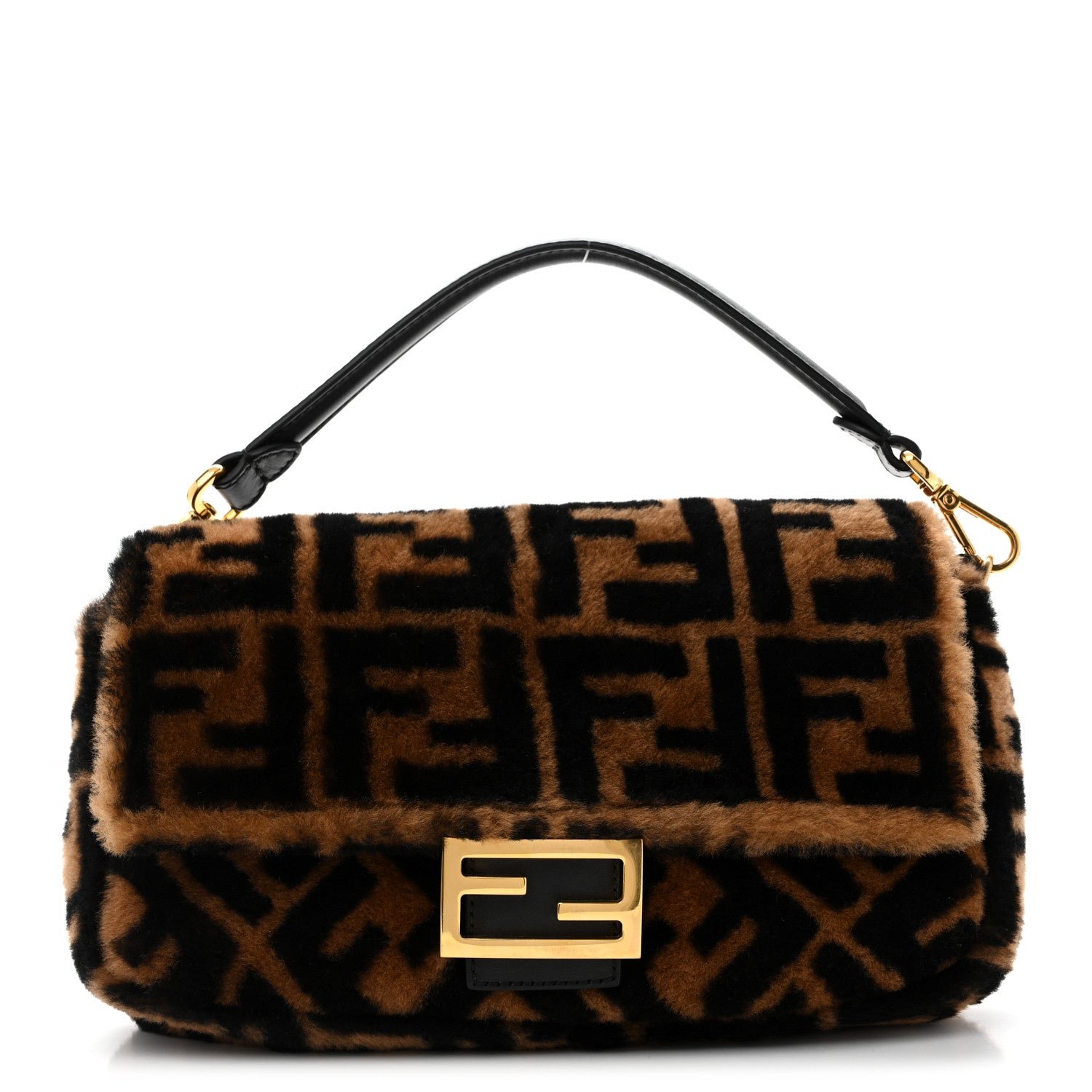 Fendi Shearling Vitello Dolce Macro FF 1974 Baguette Tobacco Black