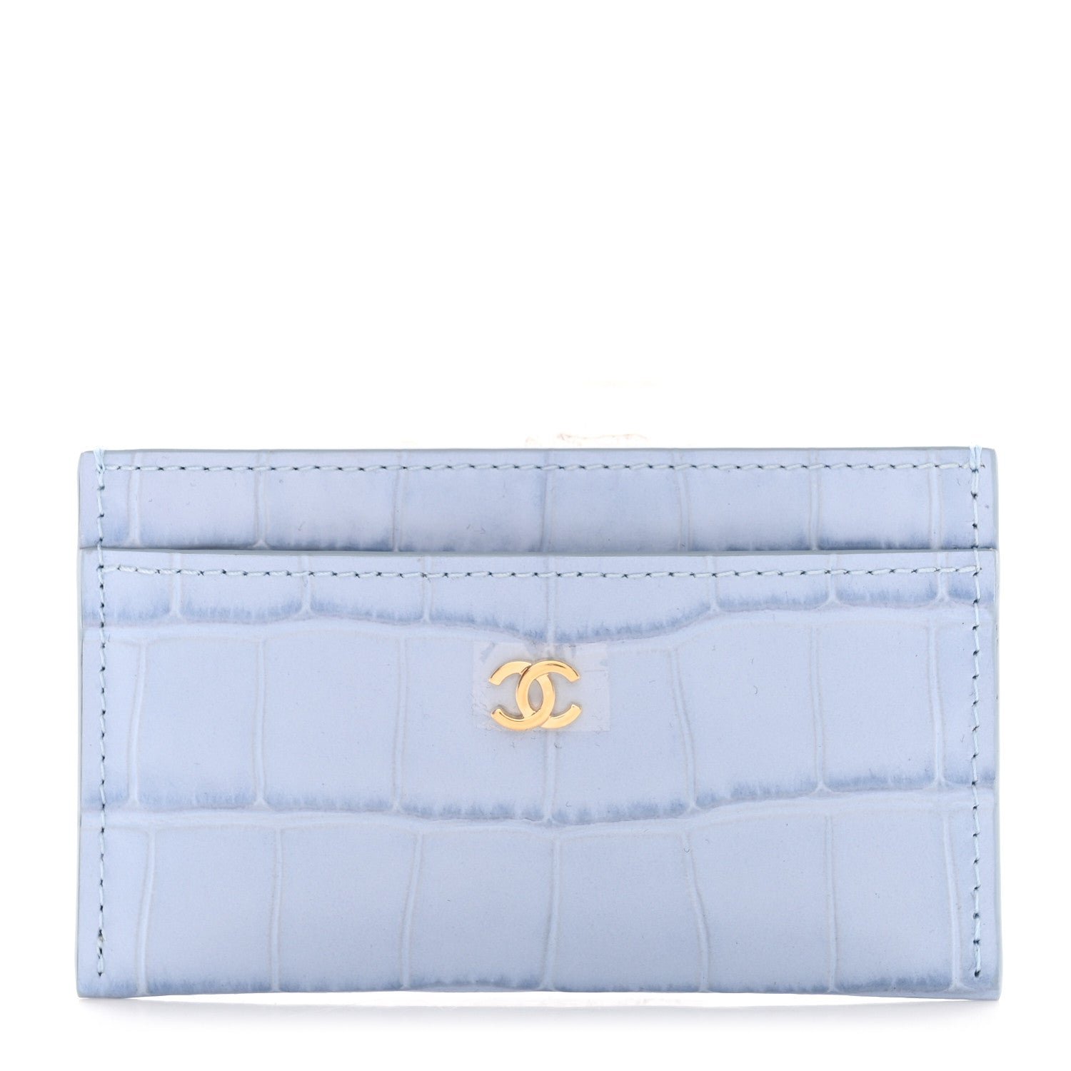 Chanel Calfskin Crocodile Embossed Crococo Card Holder Light Blue