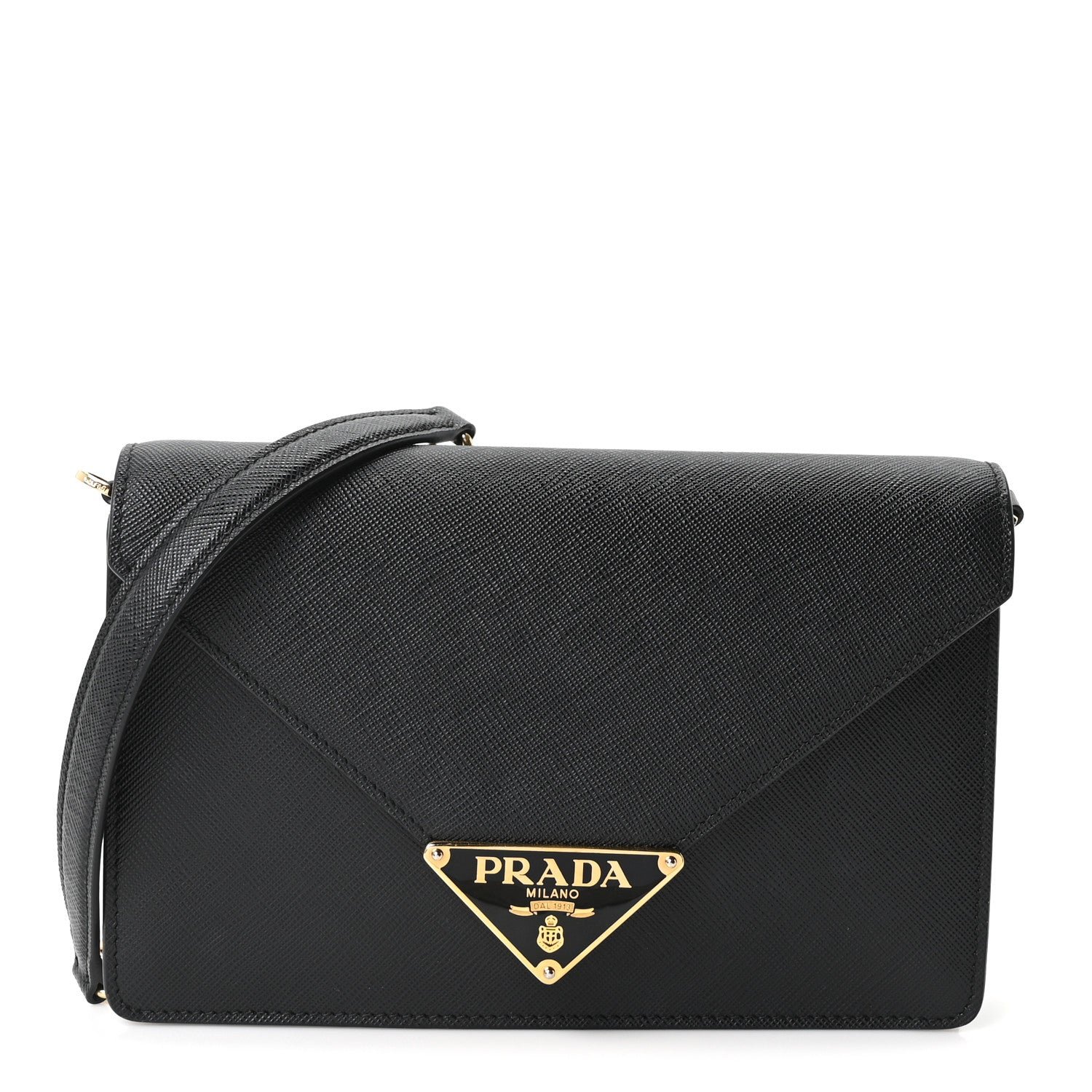 Saffiano Lux Metal Triangle Logo Mini Envelope Chain Shoulder Bag Black